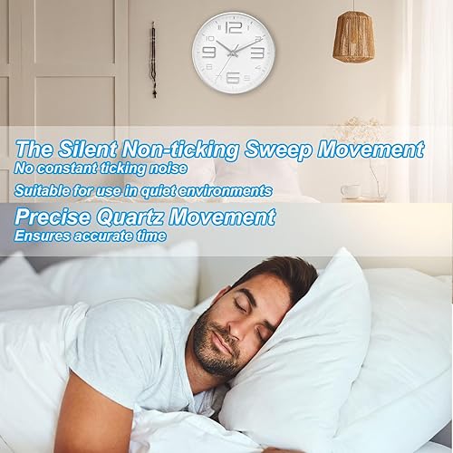 Miniatura 4 de PATIKIL Relojes de pared de cuarzo de 8 pulgadas, funciona con pilas, silenciosos, sin tictac, números 3D, relojes de pared redondos decorativos