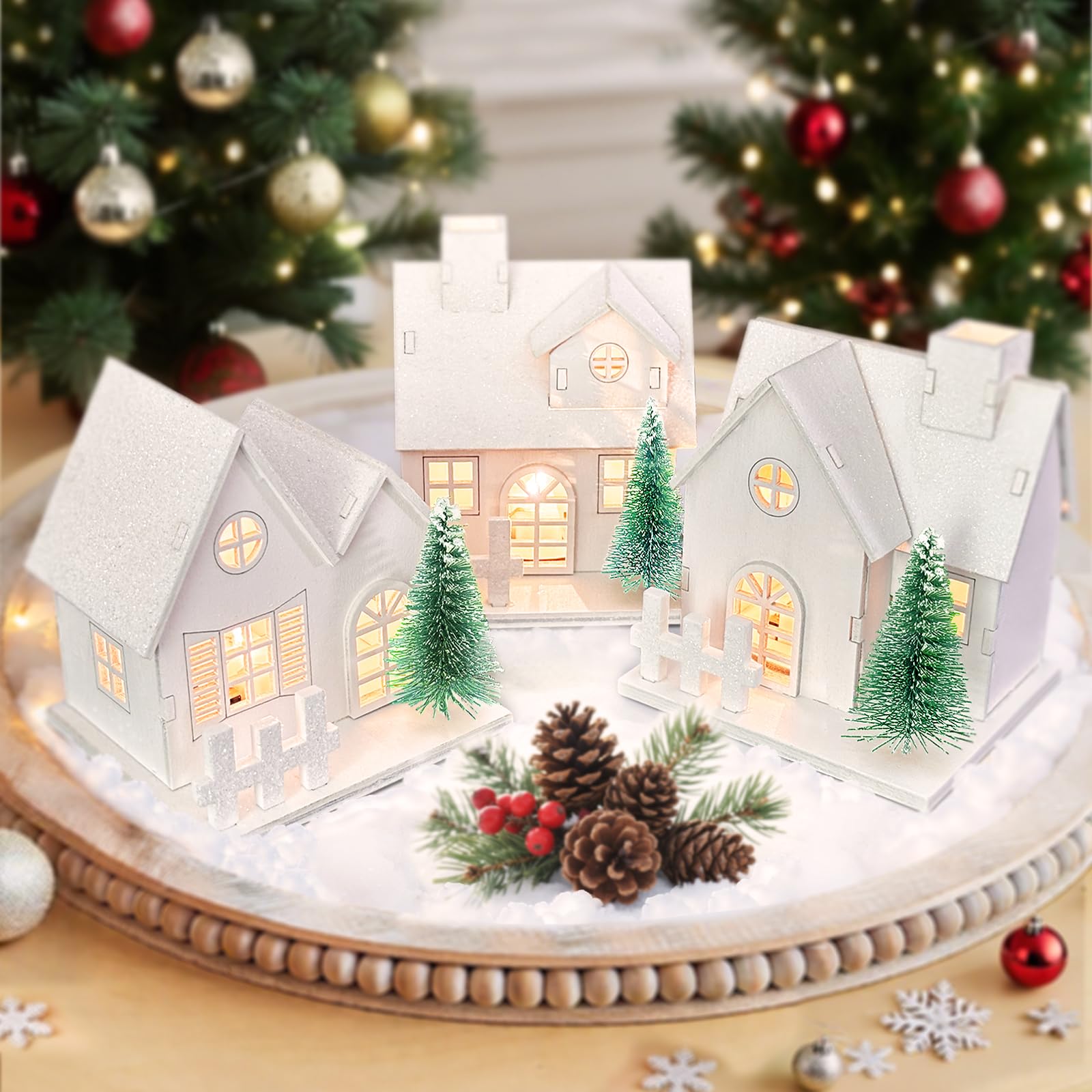 Set Di 3 Casette Natalizie In Legno Con Luci LED - Decorazioni Da Tavolo Per Villaggio Di Natale, Casa O Ufficio
