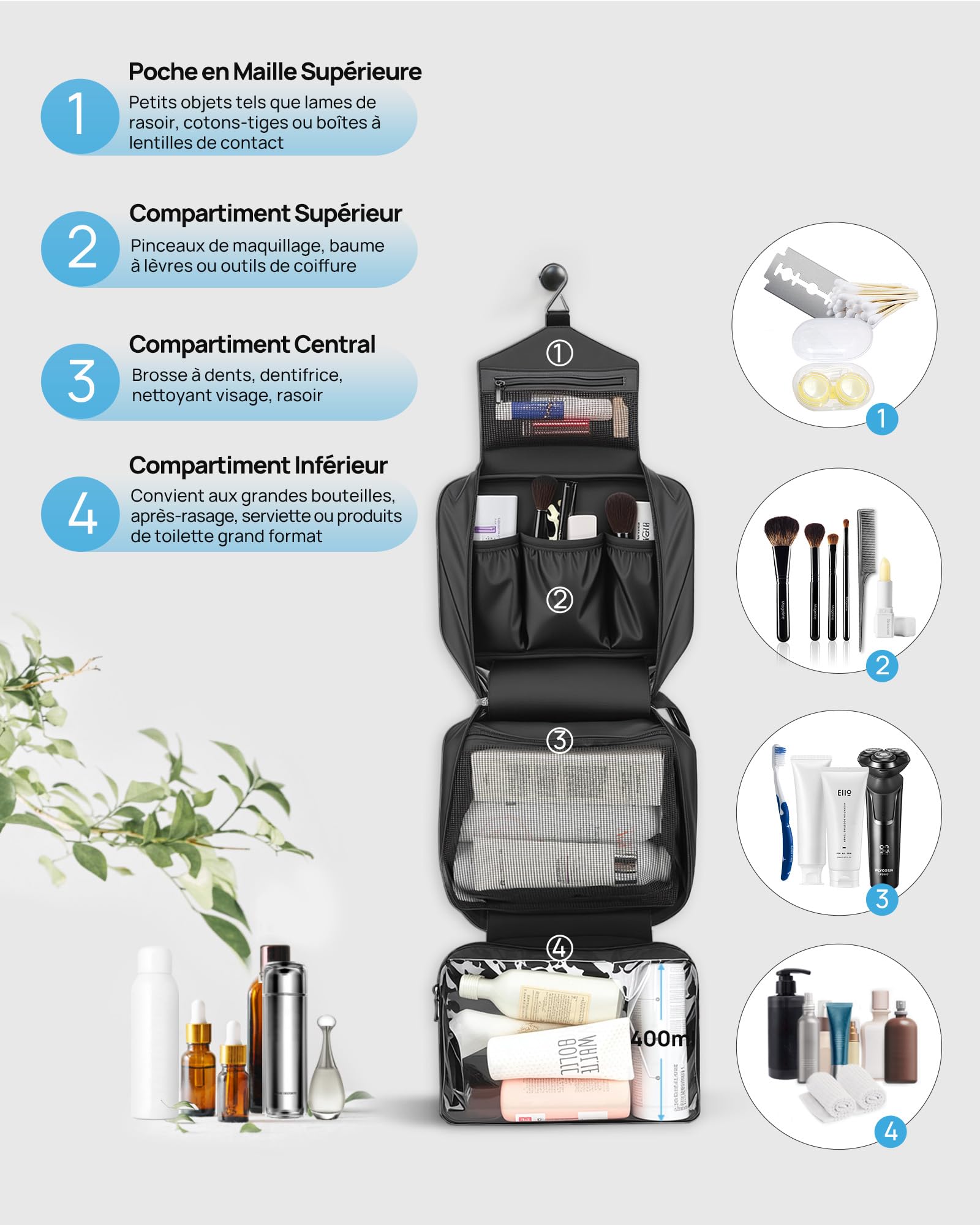 Carttiya Trousse de Toilette-Trousse de Toilette Voyage pour Homme et Femmes, Sac de Toilette Voyage Imperméable et Suspendu, Noir - 4