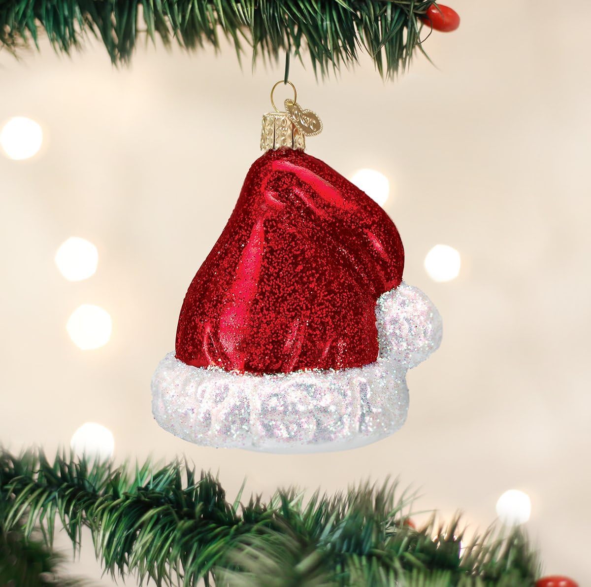 Old World Christmas Santa Hat Glass Blown Ornament for Christmas Tree, Handcrafted Holiday Decoration, Santa Collection