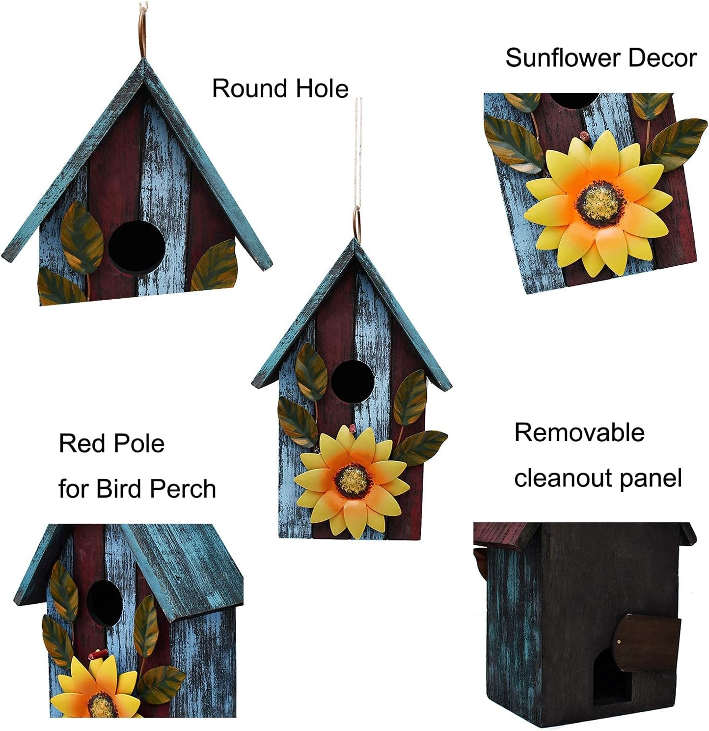 Wood Bird House for Outside, Hanging Decorative Bird House Outdoor Garden Patio Yard Rustic Hand-Painted Bluebird Birdhouse Nesting Box for Finch Wren Sparrow Chickadee