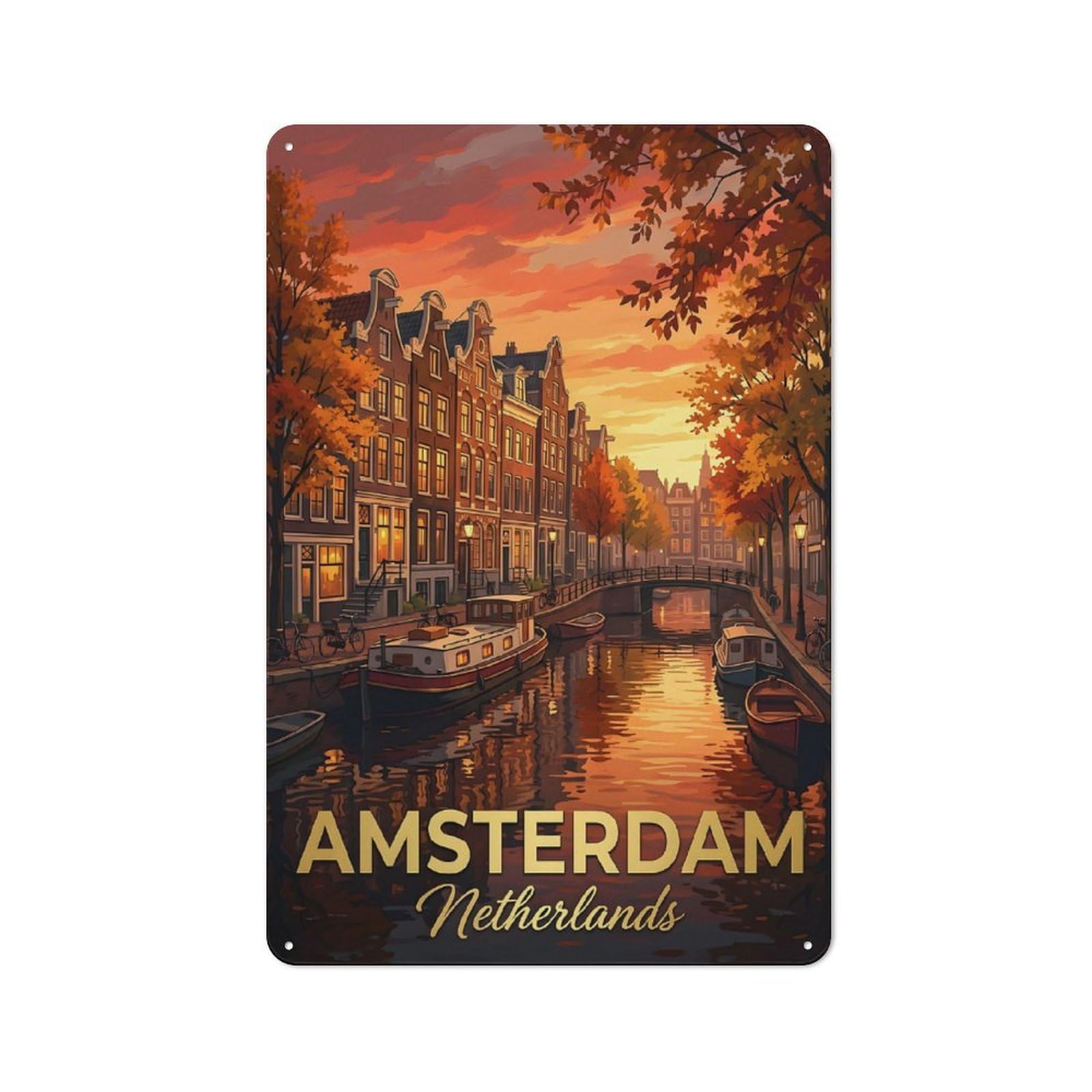Junmoney Style-17 For Home Office Or Studio, Amsterdam Canal At Sunset Vintage Tin Sign 30X20cm, Tin Sign Wall Decor For Home Offices And Studios
