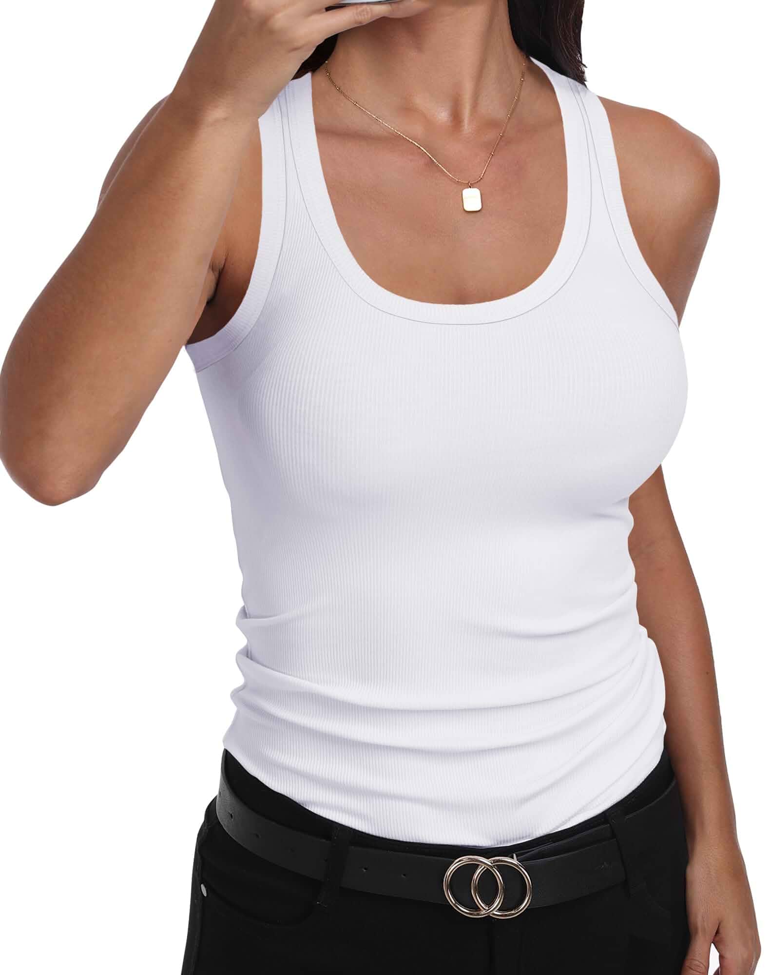 GEMBERA Womens Scoop Neck Sleeveless Racerback Ribbed Knit Slim Fitted Basic Tank Top Shirt Fitted