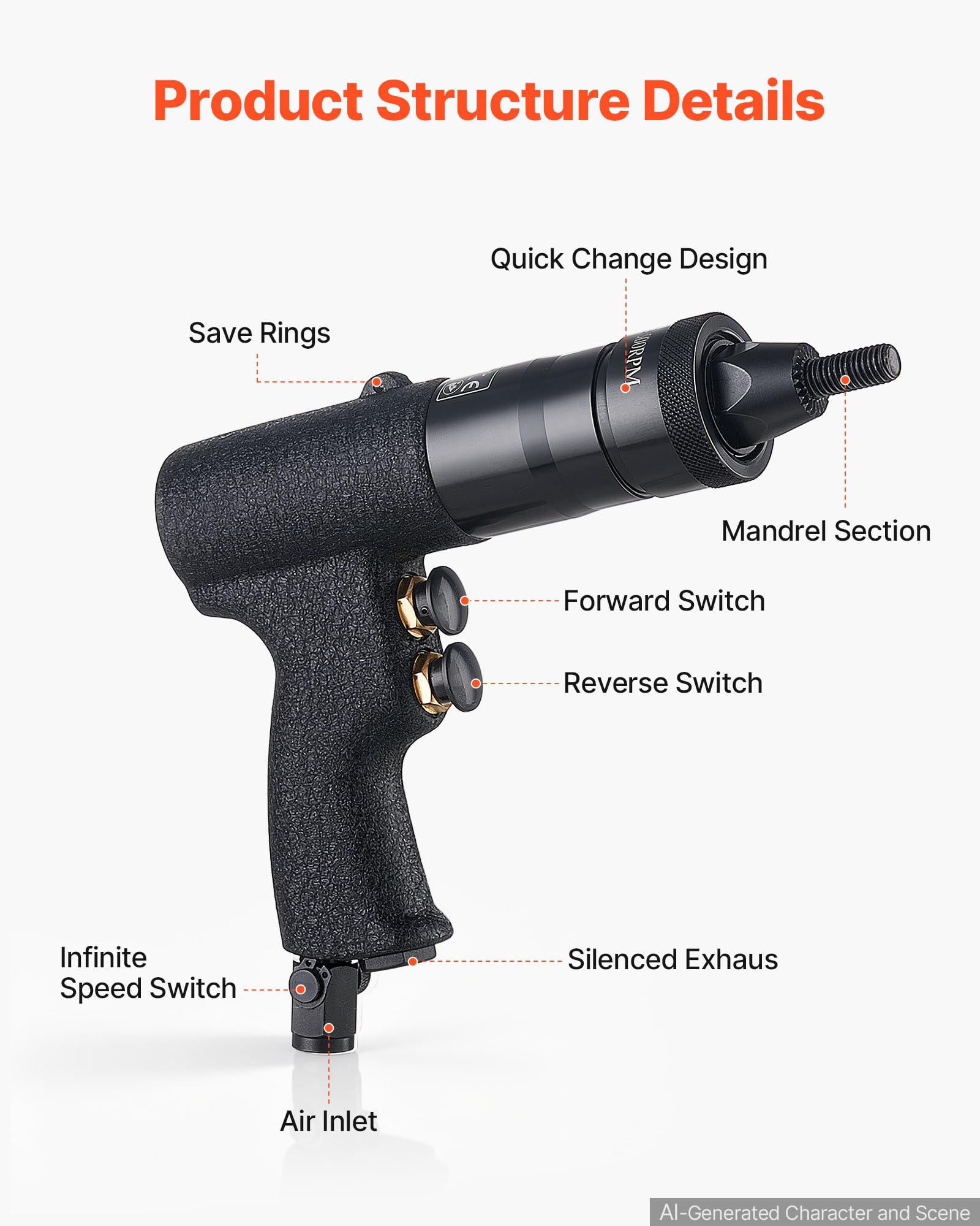 VEVOR Kit Rivettatrice Pneumatica per Inserti Filettati, 20 Pezzi Mandrini | Mandrini M5 M6 M8 M10, Forza di Trazione 1134 kg, Interruttore Avanti/Indietro, per Auto, Edilizia e Produzione Industriale