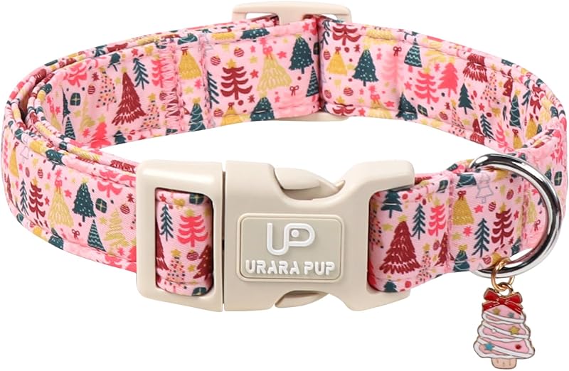 Coleira de Natal para Cães com Pingente de Árvore Natalina, Nylon Ajustável Rosa, XS