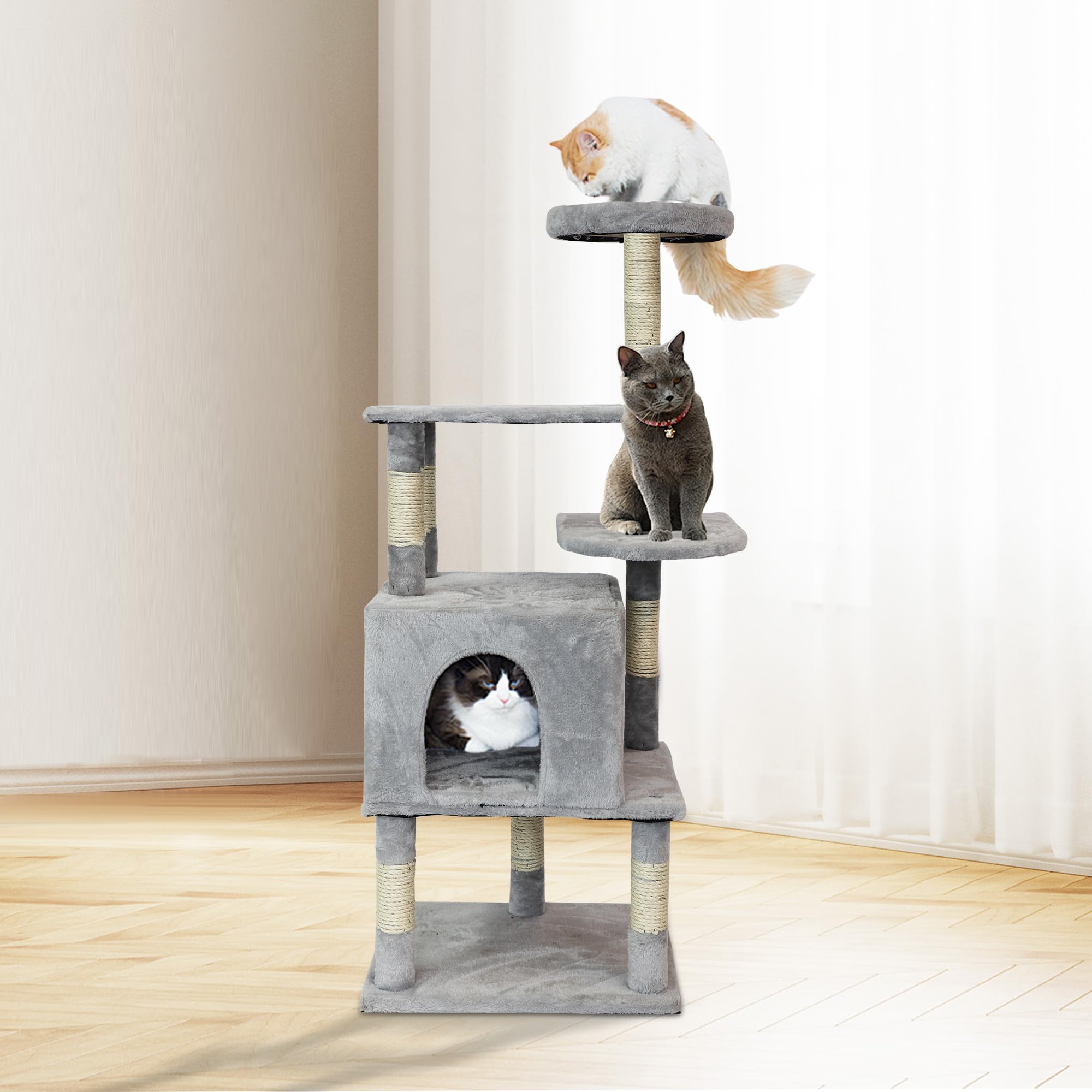 51-Inch Cat Houses for Indoor Cats, Multi-Level Cat Activity Tree with Sisal-Wrapped Scratching Posts, Cozy Plush Perch, Climbing Ramp, Plush Toys, Interactive Features, Design for Playful Cats