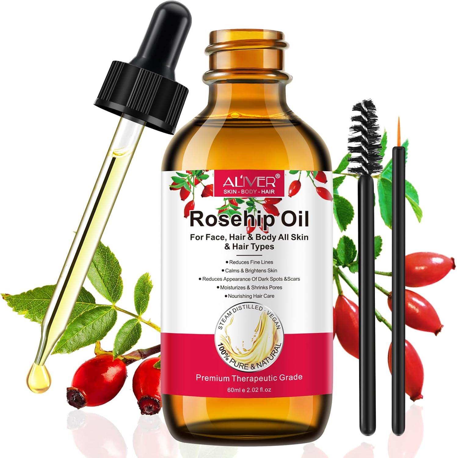 ALIVER Rosehip Oil 60ml, 100% Pure Rosehip seed Oil for Face with Vitamin C, Cold Pressed Rose hip Oil Organic for Stretch Marks,Hair,Skin,Fine Lines & Wrinkles