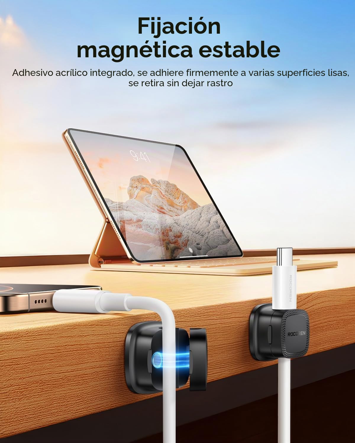Rocoren 30 Pack Clips Magnéticos para Cables, Soporte Organizador de Cables Adhesivo para el Hogar la Oficina, el Escritorio el teléfono el Coche la Pared el Escritorio la Mesita de Noche (Negro)