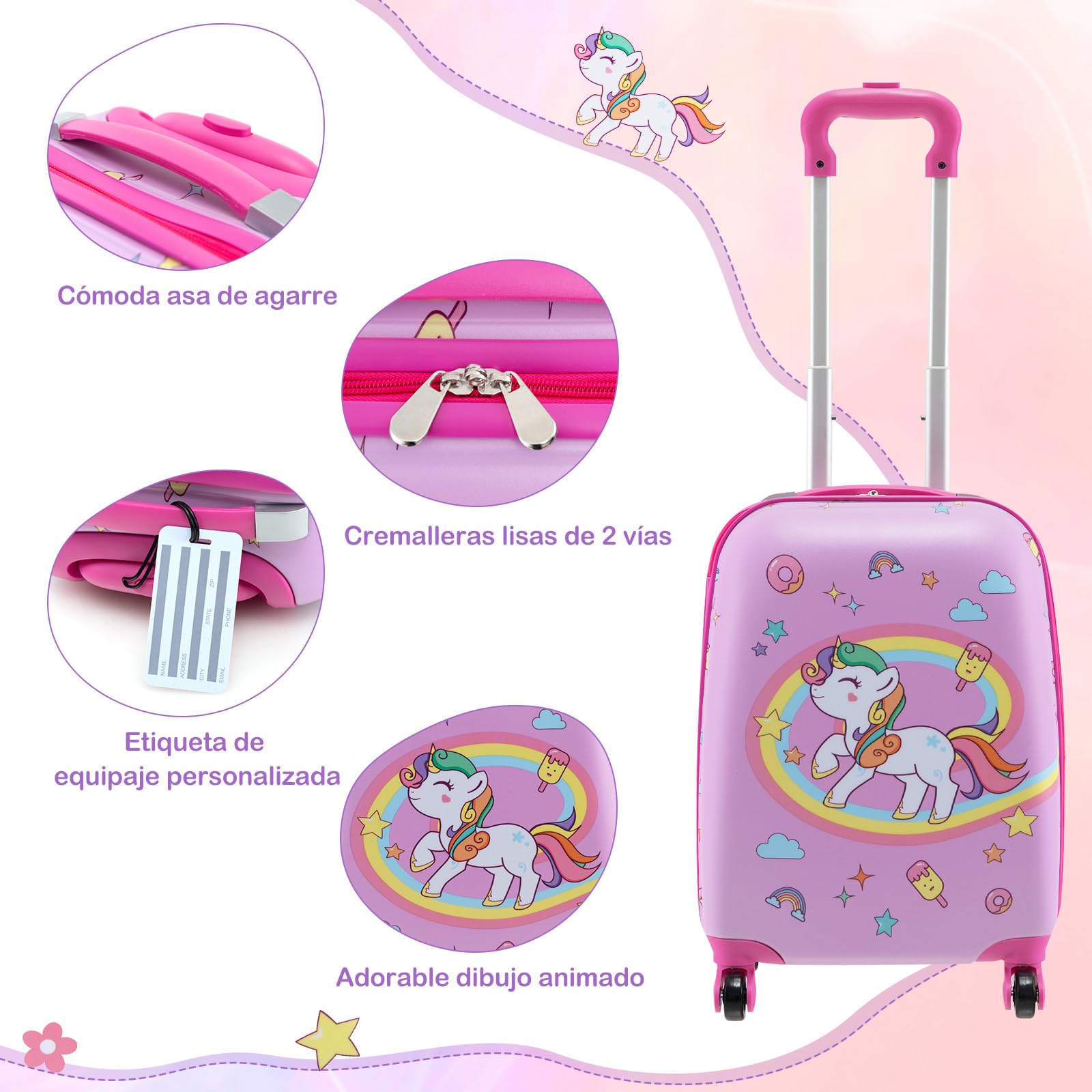 COSTWAY Maleta Cabina Niños de 5 Piezas, Maleta de Viaje Infantil con Mochila, Almohada para Cuello, Etiqueta de Equipaje, Bolsa de Almuerzo, Maleta niña con Ruedas Universales (Unicornio)
