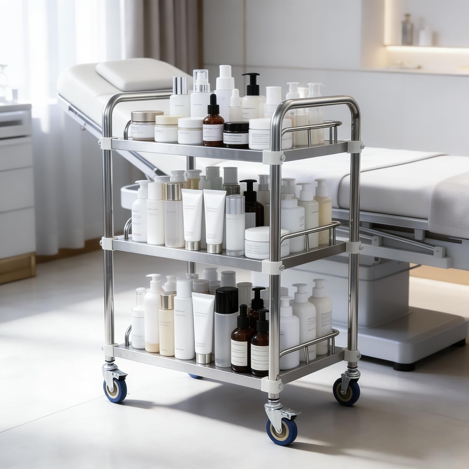 Carro de acero inoxidable para servicio de laboratorio, 3 estantes, carro de servicio de laboratorio, carrito de té, carrito de cocina de acero inoxidable con 4 ruedas giratorias, 2 frenos