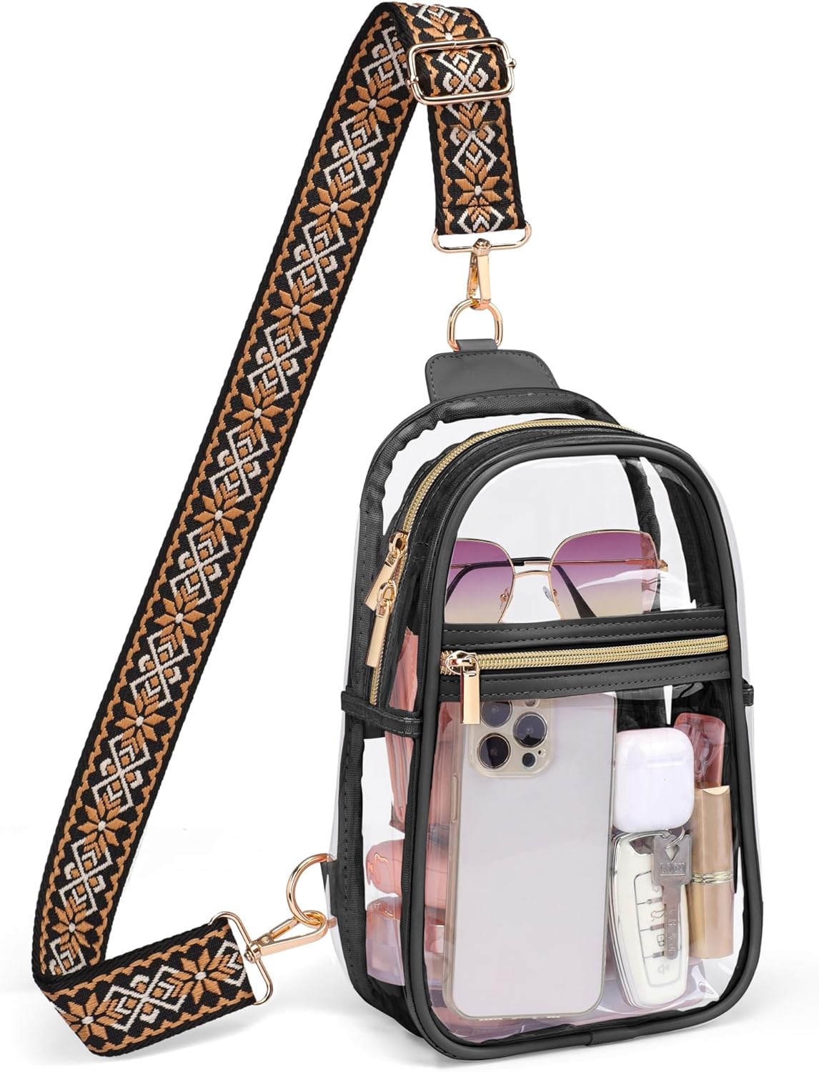 PACKISM Clear Sling Bag Stadium Approved - Clear Bag for Stadium Events & Holographic Bag for Music Festivals Jacquard Strap