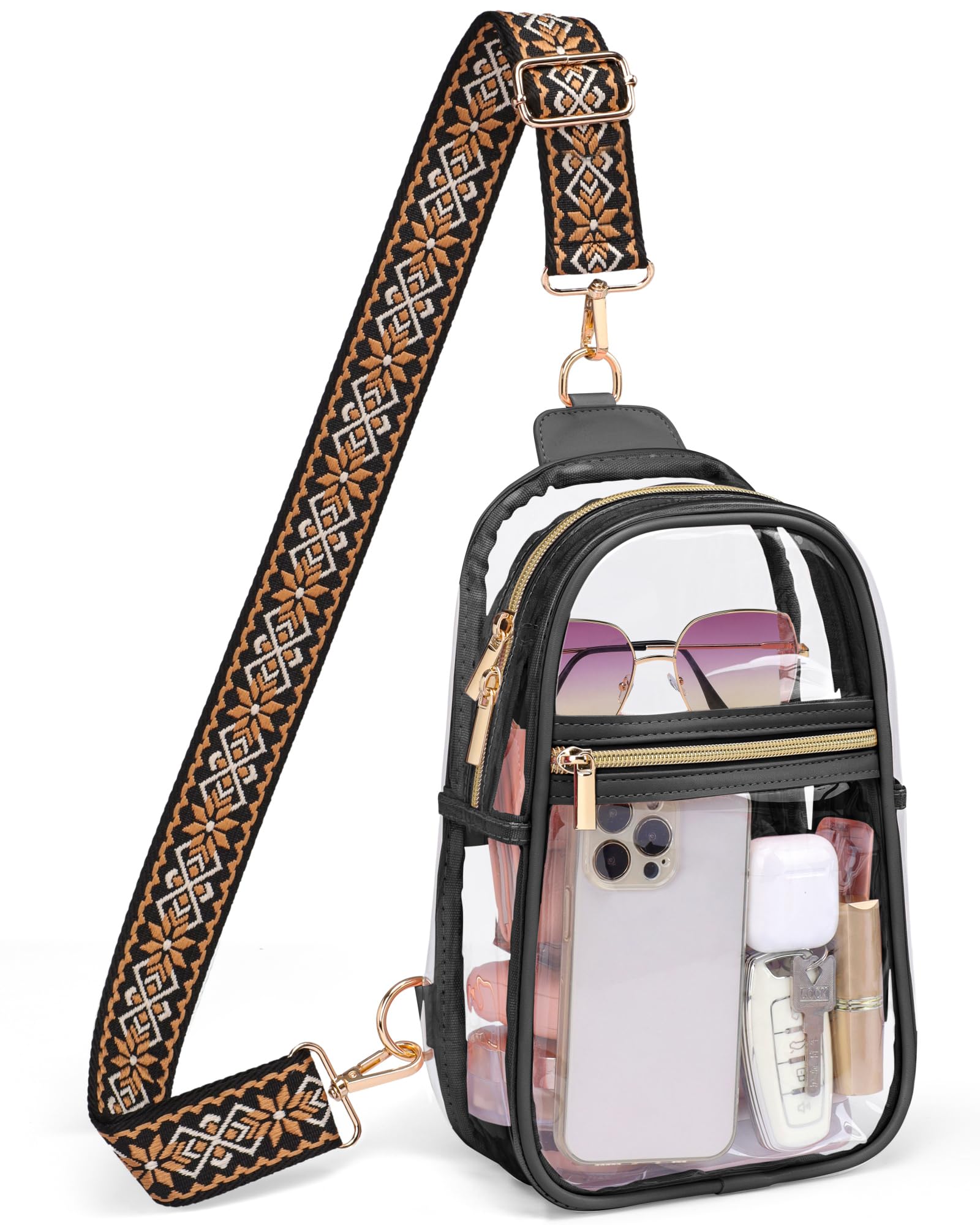 PACKISM Clear Sling Bag Stadium Approved - Clear Bag for Stadium Events & Holographic Bag for Music Festivals Jacquard Strap