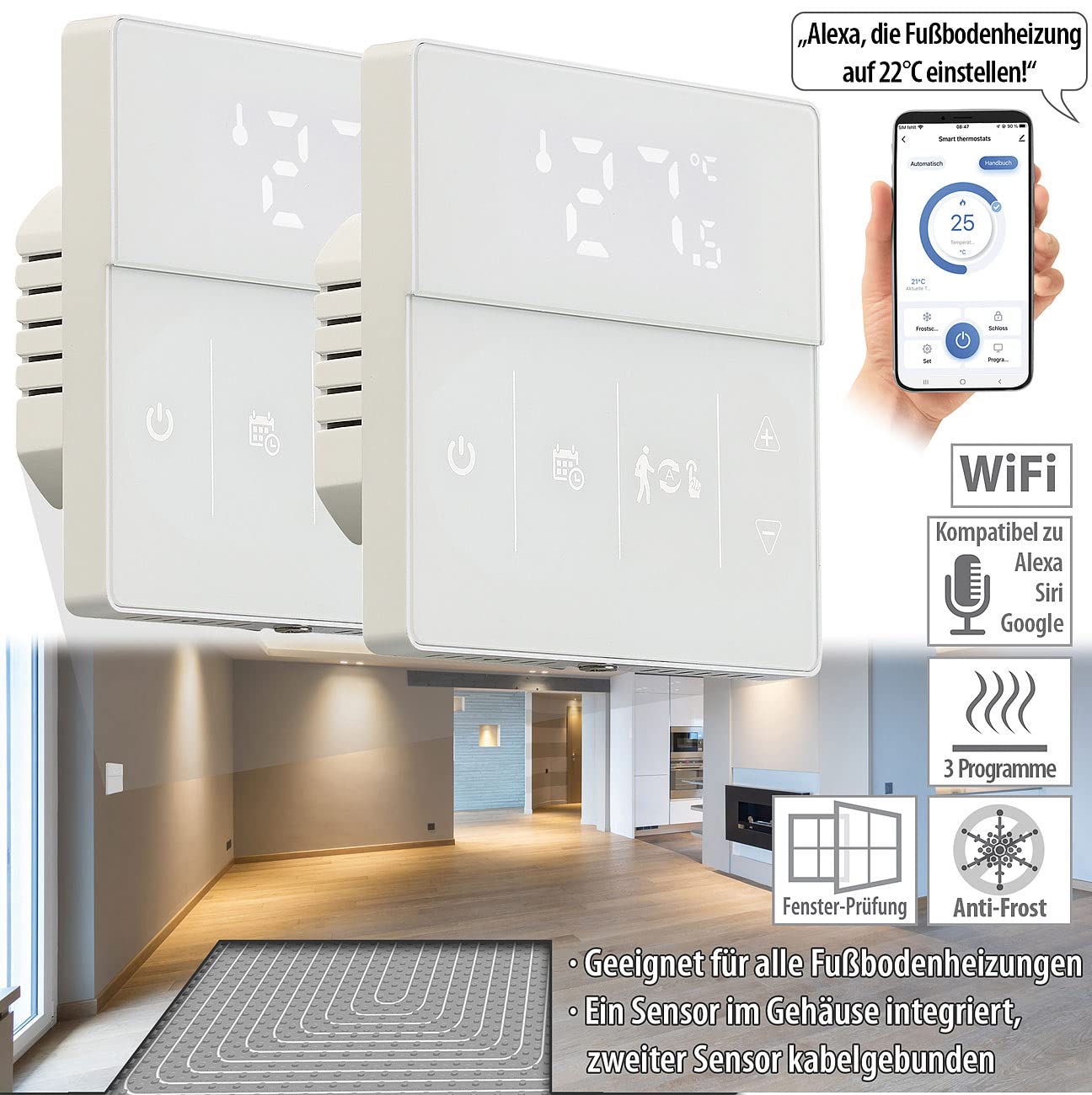 revolt Funk Thermostat WLAN: 2er-Set WLAN-Fußbodenheizung-Thermostate mit App, weiß (Raumthermostat WLAN Aufputz, Fußbodenheizung WLAN steuern, Infrarotheizung)