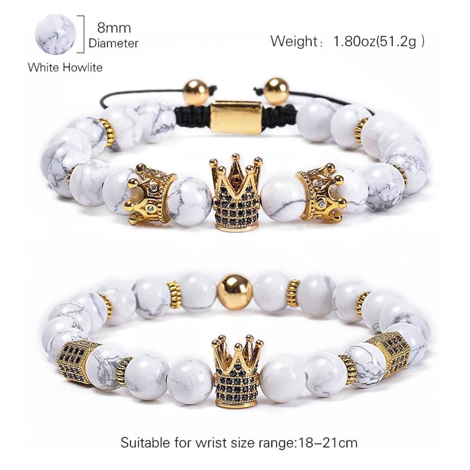 Pulseras de Cuentas para Mujer, Pulsera de Piedra Turquesa de 8 mm con Corona, Pulseras Ajustables para Hombres de 18 cm