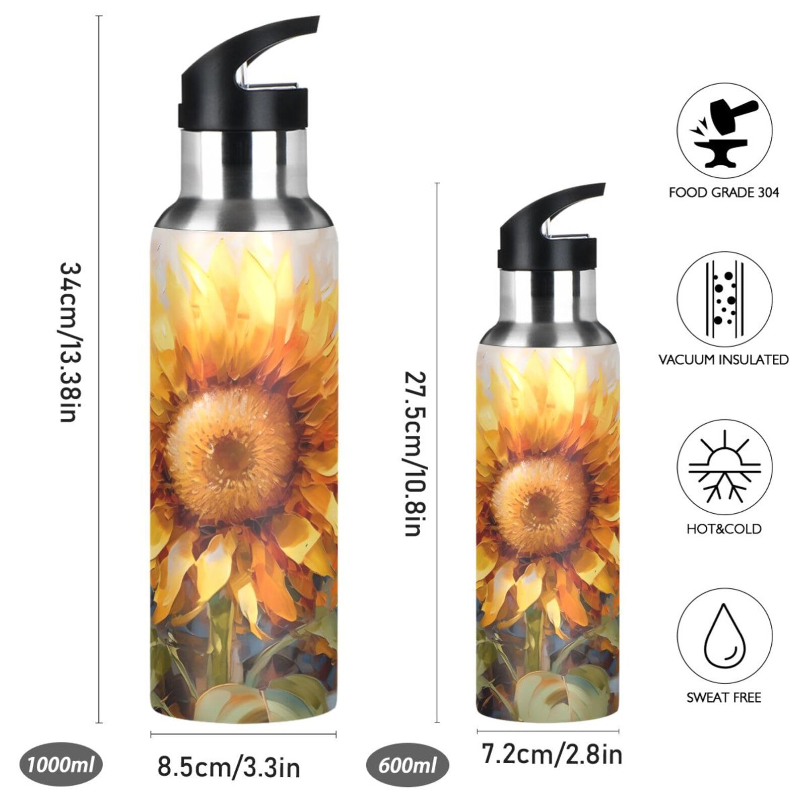 Borraccia Termica In Acciaio Con Cavallo E Girasole 620 Ml - Isolata E A Prova Di Perdite