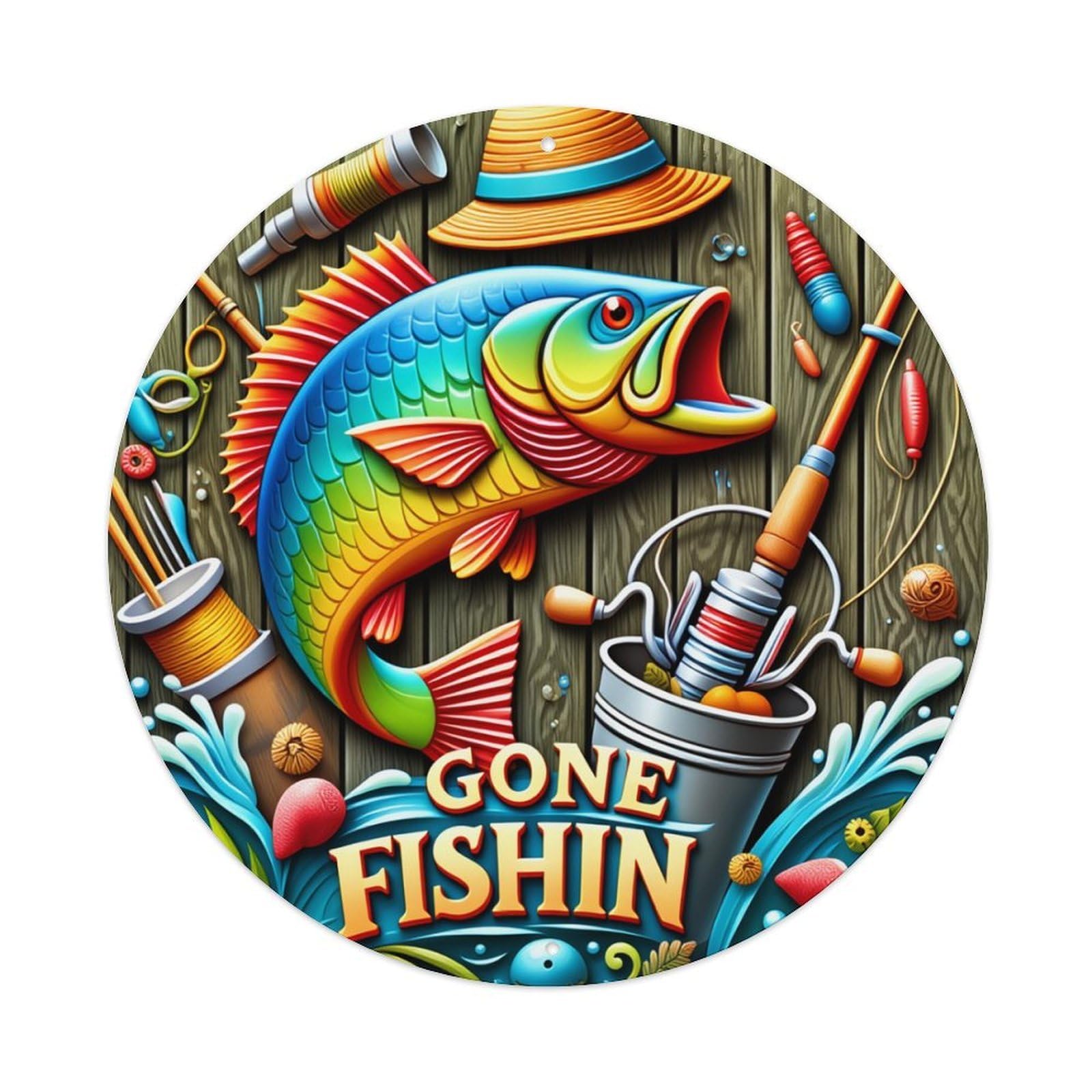 Colorful Fish Fishing Gear Hat Bucket Round Tin Sign Retro Metal Sign for Cafe Bar Pub Home Game Room Gym Club Wall Decoration Vintage Metal Poster 8x8 Inch