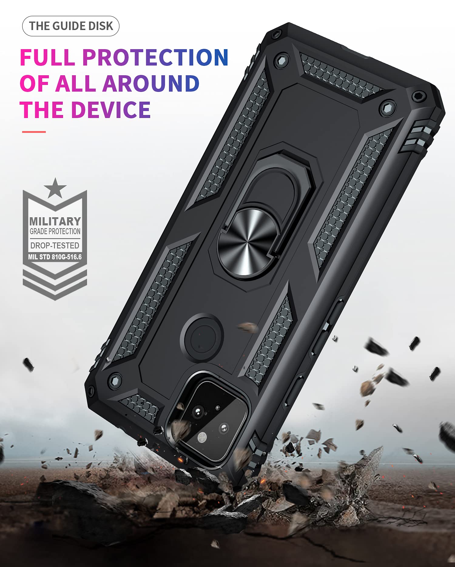 for Google Pixel 5A 5G Case with [2 Pack] Tempered Glass Screen Protector, for Google Pixel 5A Heavy Duty Armor [Military-Grade] Protective，Magnetic Ring Stand Phone Case Black