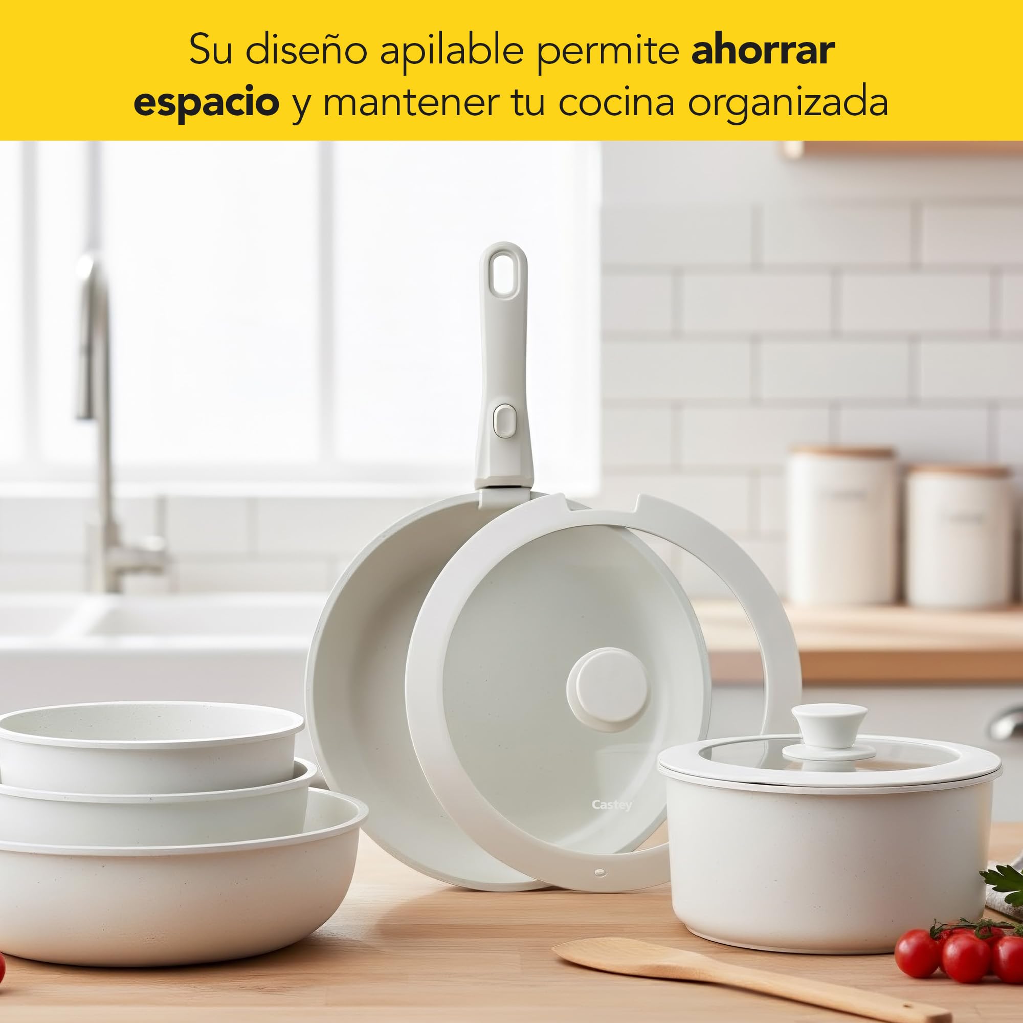 CASTEY - Batería de Cocina 8 Piezas, Modelo BAT-C8WH, Acero Inoxidable 18/10, Base de Aluminio, Recubrimiento Antiadherente Sin PFOA, Sartenes, Ollas y Cacerolas con Tapa y Mango Extraíble, Blanco