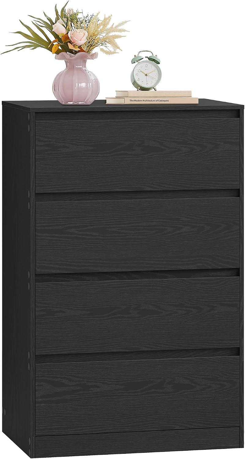 VASAGLE KAILYN Collezione - Cassettiera con 4 Cassetti, Comò, Mobile con Cassetti, Porta Abiti, 40 x 60 x 97,4 cm, Stile Moderno, Nero Ebano LTS614BE05