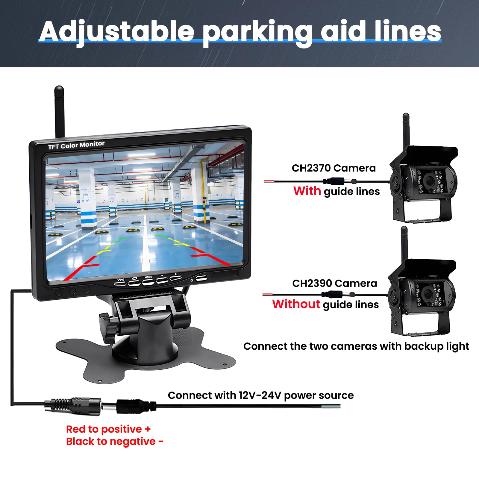 Kit de Camera de Recul sans Fil pour Voiture 2 Caméras avec écran 7'', Caméra de Vision Nocturne/étanchéité IP67, Caméra de Recul sans Fil pour Camping Cars, Camions et Caravanes/DC 12-36V