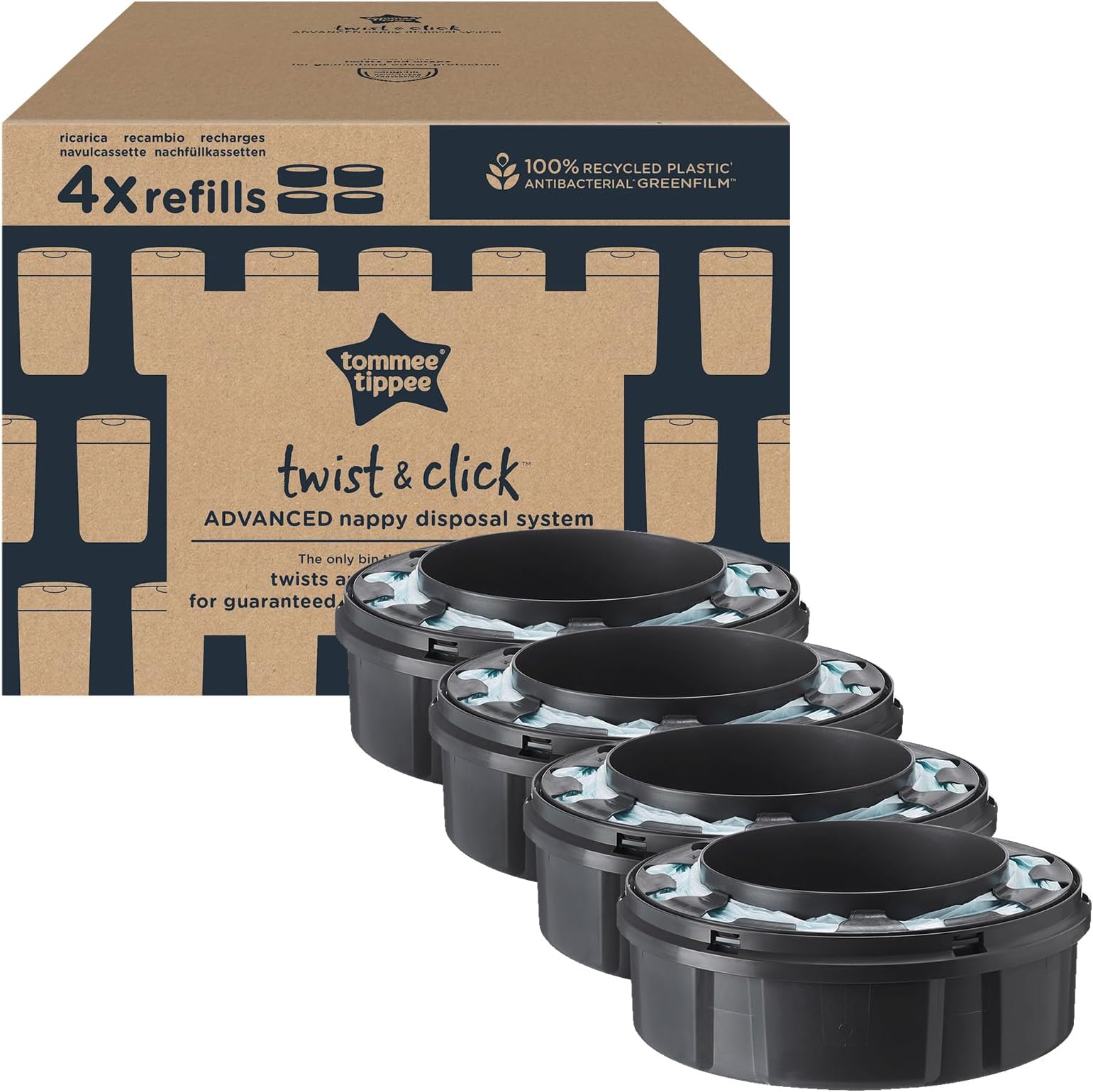 Twist and Click Advanced Nappy Bin Original Refill Cassettes, Exclusive Pack of 4, for Easy refill and Great value (pack may vary)