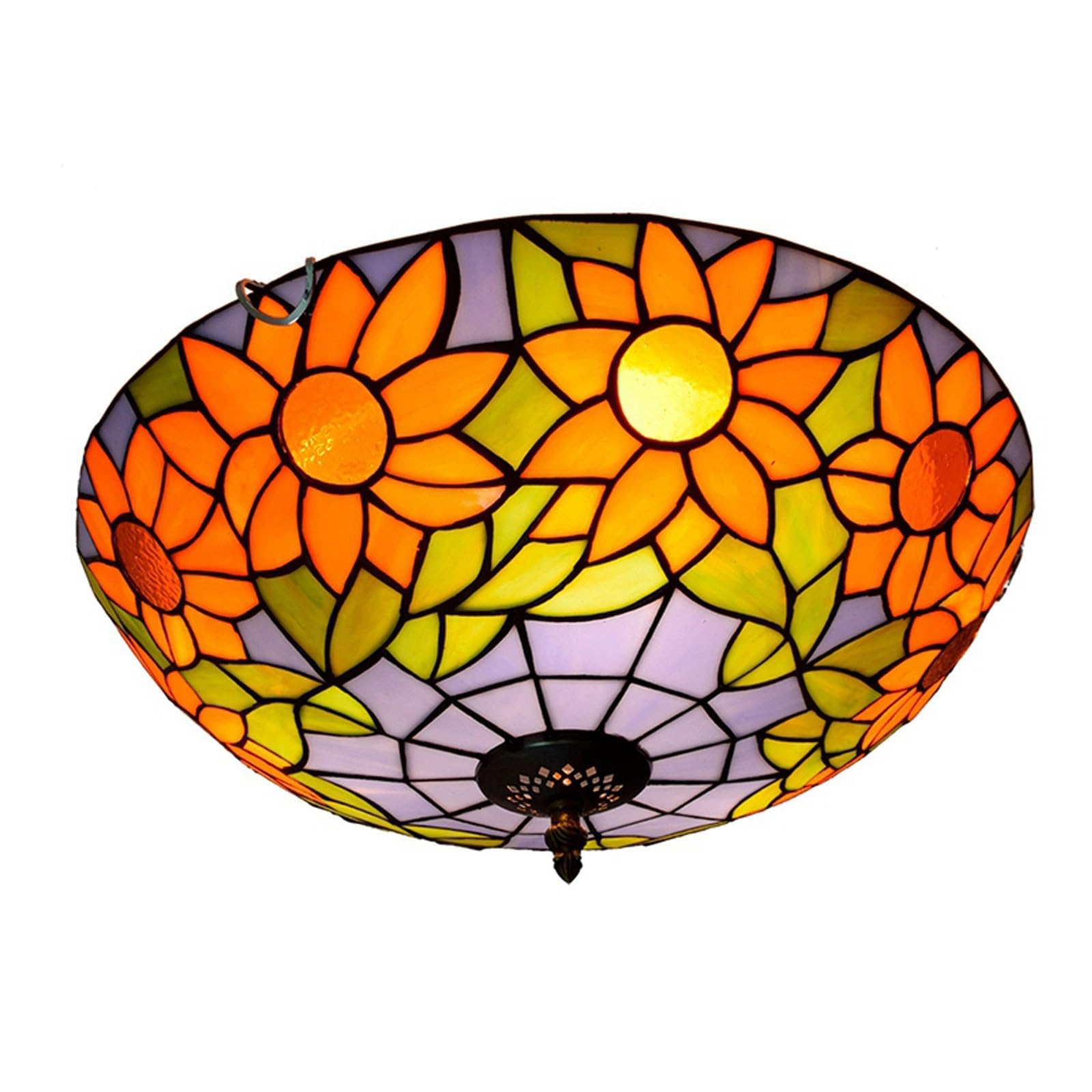 KXEcoLife Tiffany Style Flush Mount Ceiling Light, 16 Inch Stained Glass Chandelier Uplighter Lamp Blue Sunflower Vintage Deco for Living Dining Room Bedroom Corridor