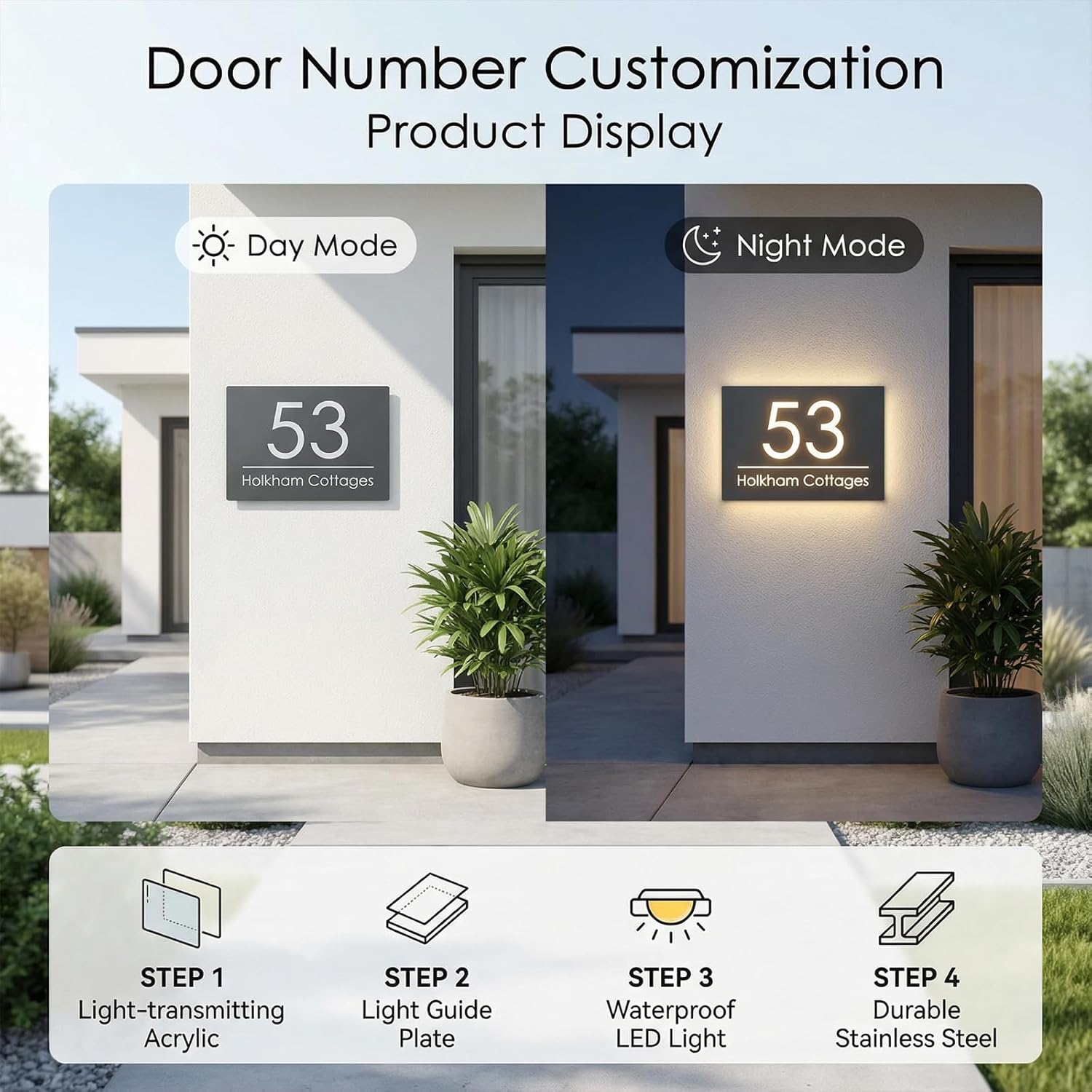Custom LED House Number Sign with Acrylic Backplate, Modern Backlit Address Plaque, Personalized Stainless Steel, Waterproof for Outdoor Use, Optional Solar Power Upgrade