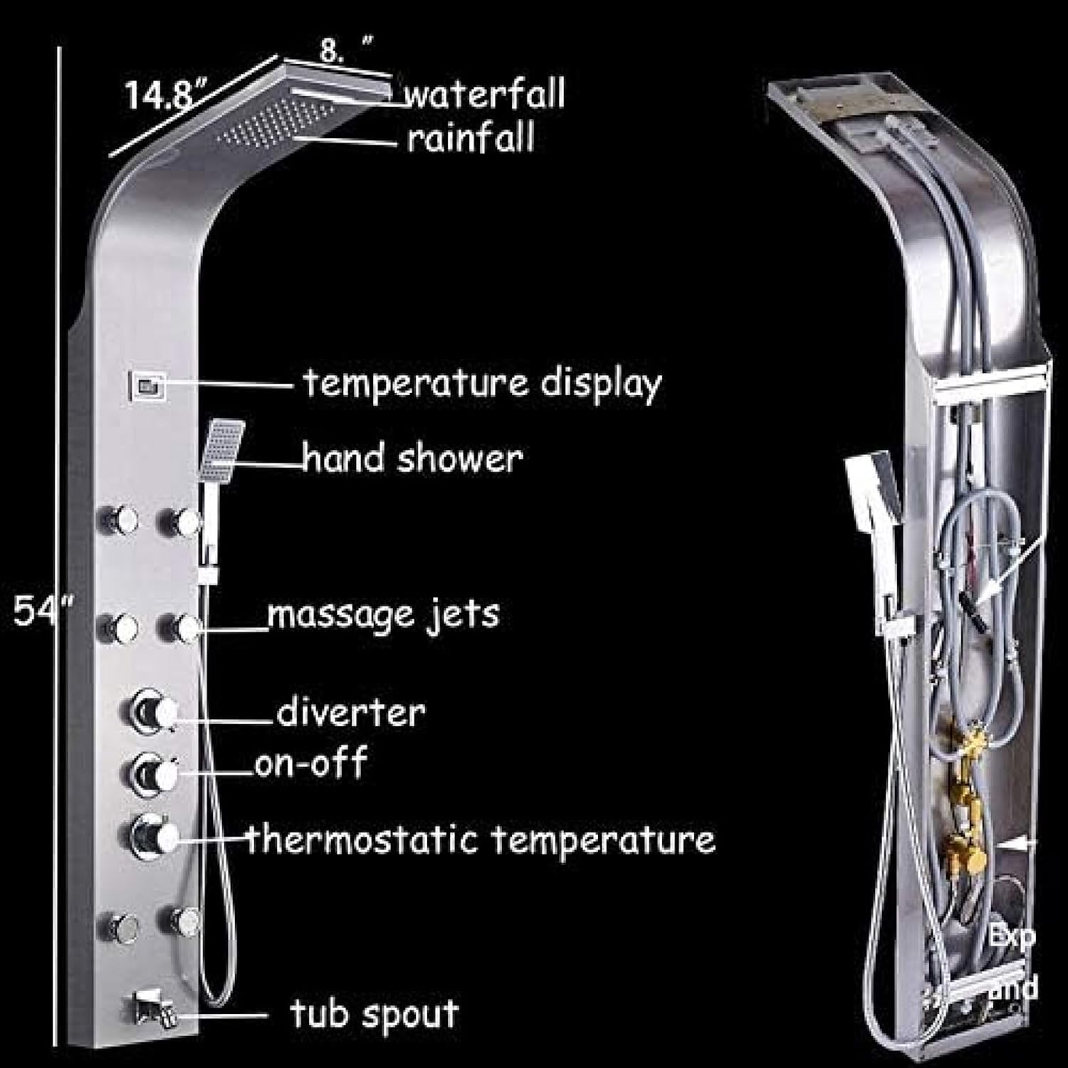 Thermostatic Shower Panel Column Rainfall Shower Faucets Stainless Steel Shower Column Digital Temperature Display Shower Suit