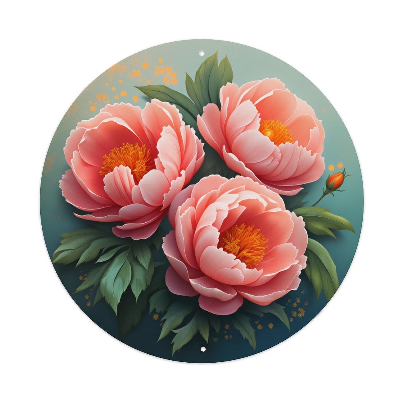 Peony Flowers Pink Petals Green Leaves Circular Design Round Vintage Tin Sign,Retro Wall Art,Metal Poster for Home, Bar, Garage, Cafe, Rustic Indoor & Outdoor Decor, 8x8 Inches