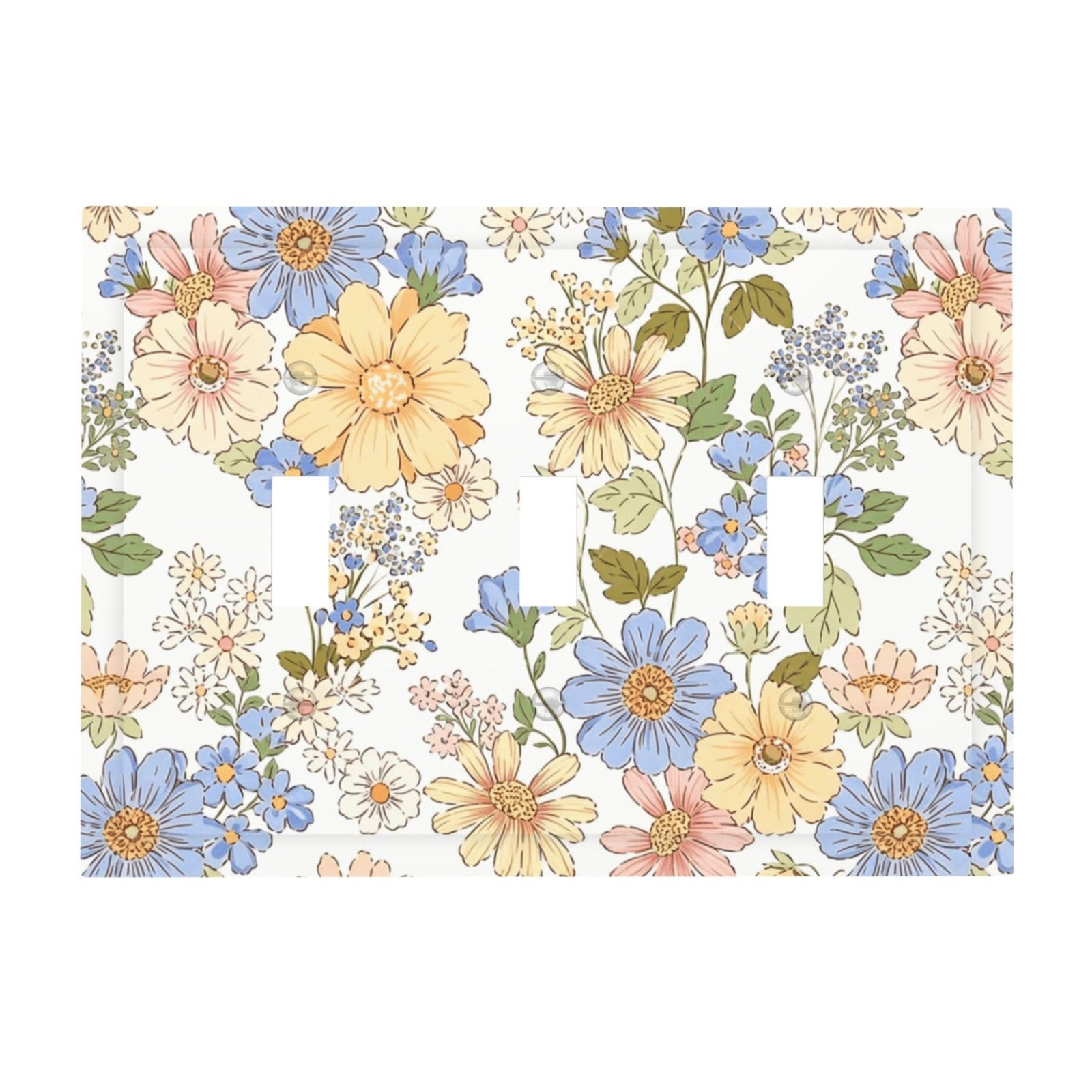 Dwbguo Decorative Light Switch Plate Covers Vintage Pastel Floral Wildflower 3 Gang Artistic Wall Plate Unique Boho Botanical Daisy Flower Triple Toggle Light Switch Covers for Bedroom Bathroom Home