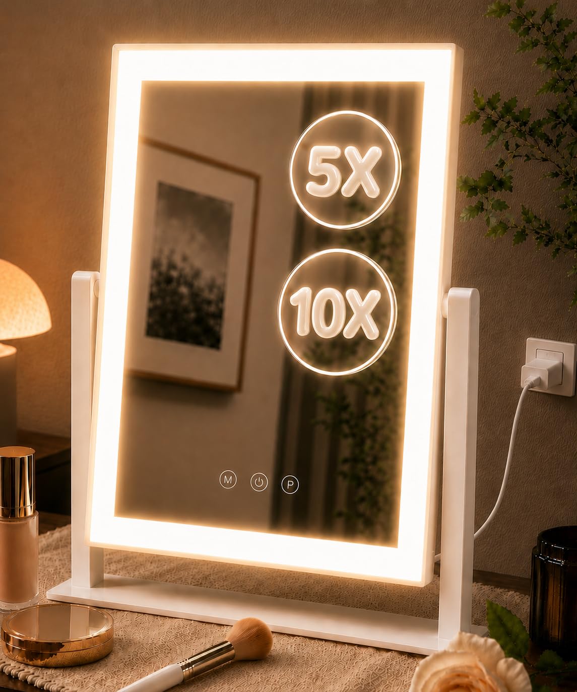 Decadence Espejo de maquillaje LED de 17.3 pulgadas con luces para mujeres y mamá, lupas desmontables 10X/5X, 3 modos de color, control táctil regulable, rotación de 360 grados, espejo cosmético de