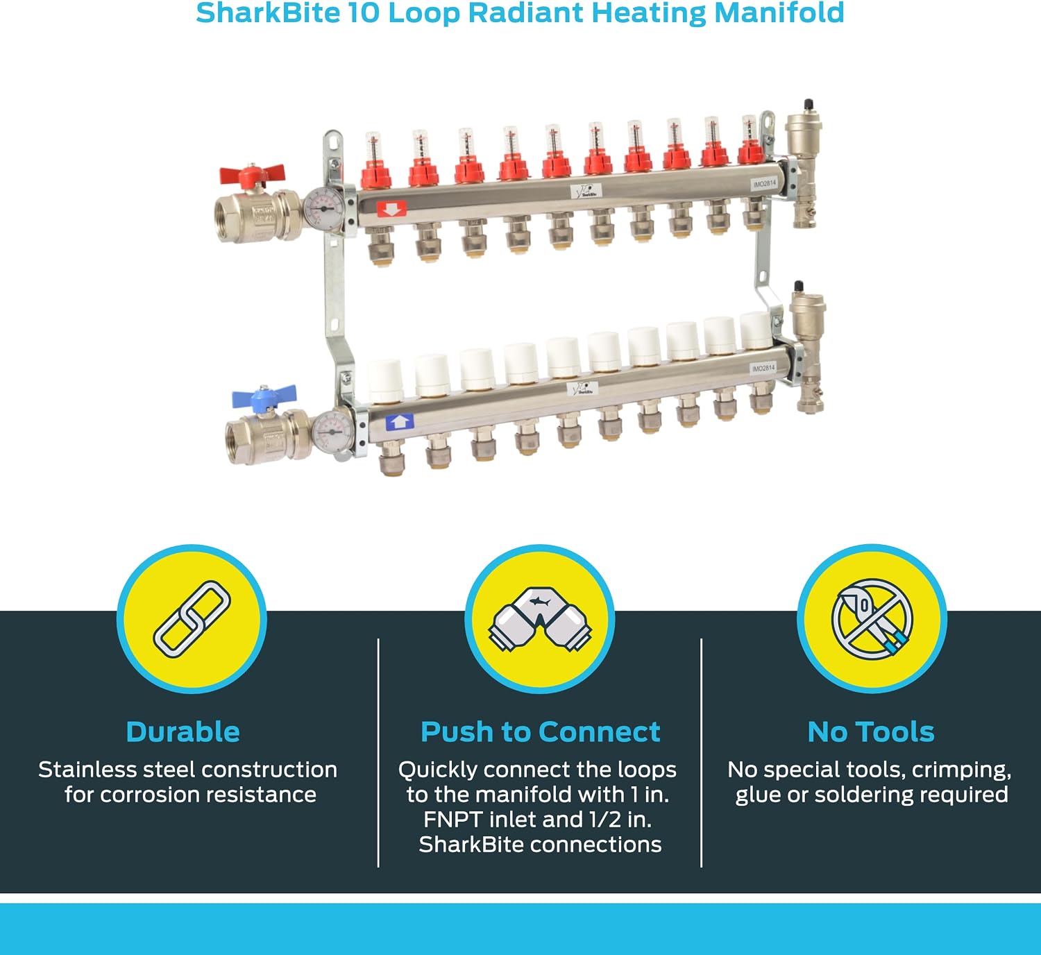 SharkBite 10 Loop Radiant Heating Manifold, Push to Connect Brass Plumbing Fitting, PEX Pipe, PE-RT, 24937