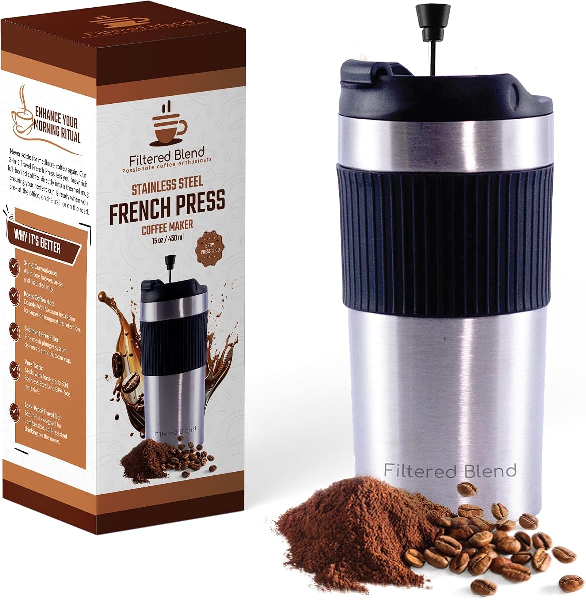 Prensa francesa de viaje de acero inoxidable de 15 oz, taza de té y café aislada, plateada | Tetera, Doble Pared, Sellada al Vacío, Liviana, Camping, Senderismo, Exterior, Retención de Calor, Respaldo de Fácil Limpieza, A Prueba de Fugas
