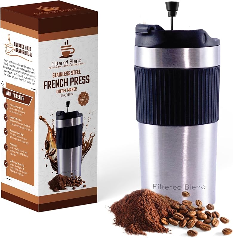 Prensa francesa de viaje de acero inoxidable de 15 oz, taza de té y café aislada, plateada | Tetera, Doble Pared, Sellada al Vacío, Liviana, Camping, Senderismo, Exterior, Retención de Calor, Respaldo de Fácil Limpieza, A Prueba de Fugas