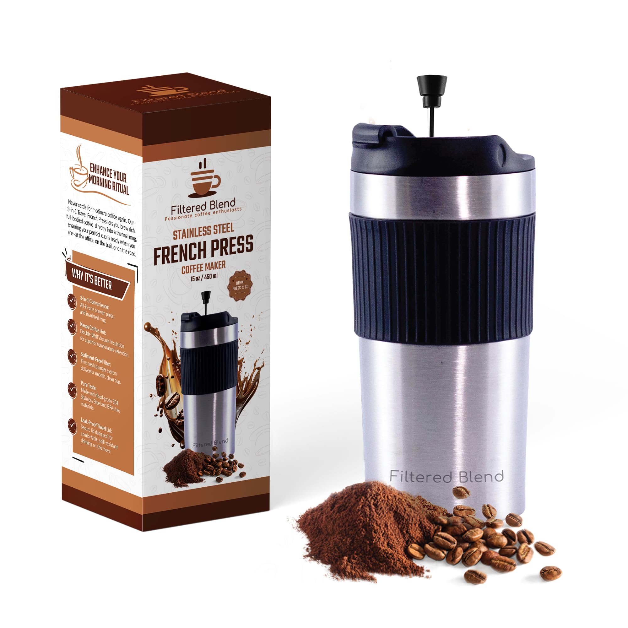 15oz French Press Travel Mug (Silver)