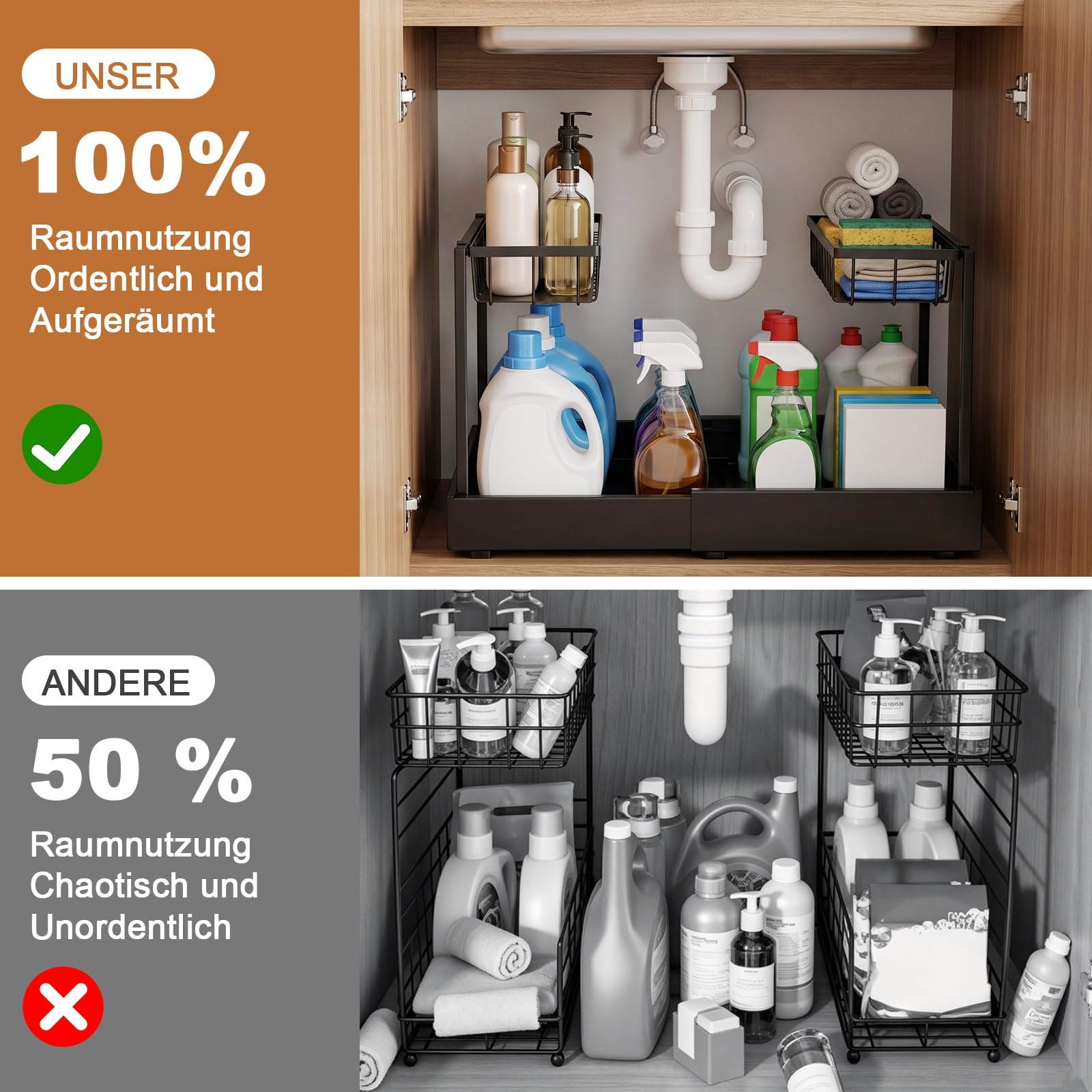 Erweiterbar Schrankkörbe 2 Etagen, Ausziehbare Schublade Organizer