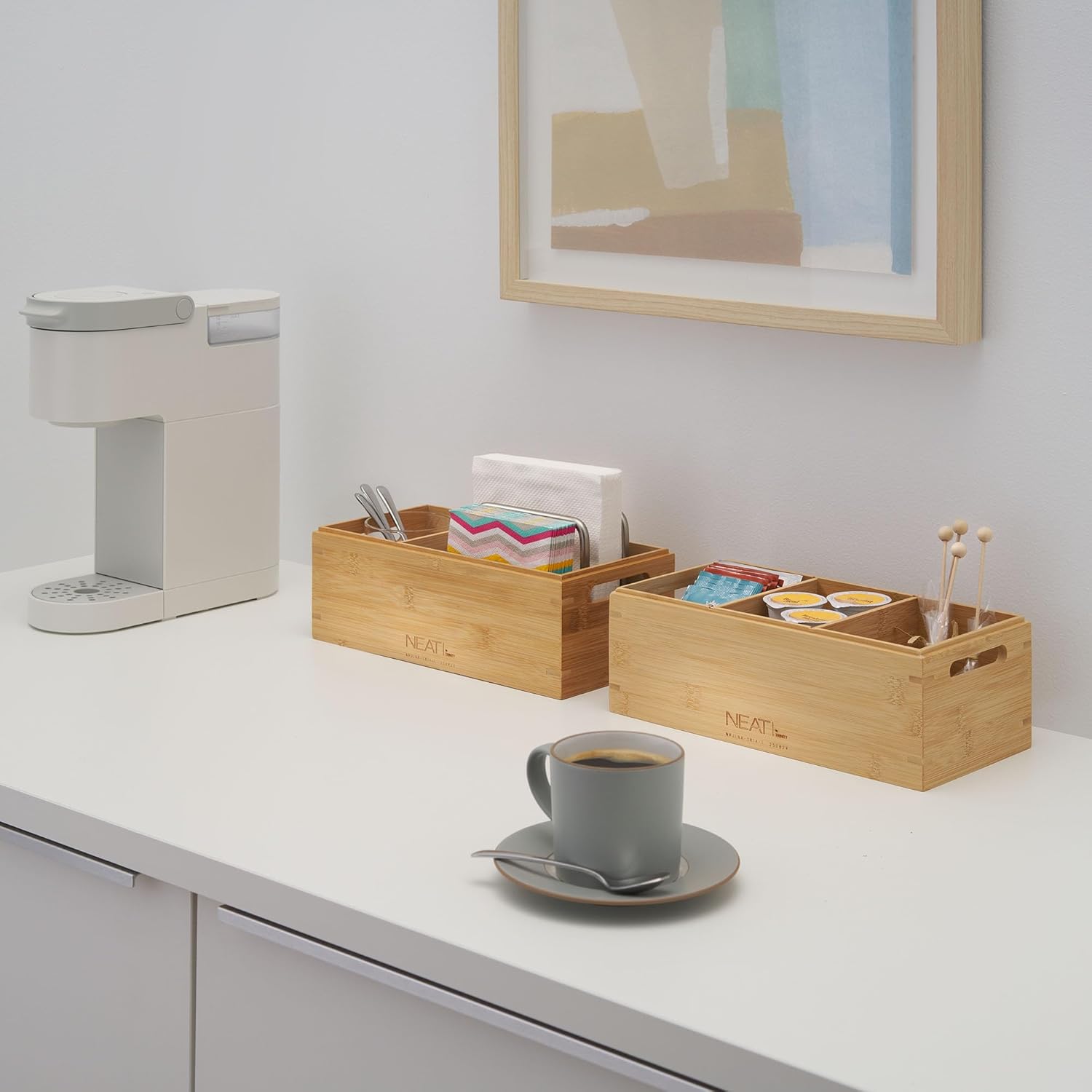 Set of 2 Stackable Bamboo Wood Boxes with Handles, Storage Bins for Shelving, Countertop, Kitchen, Pantry, Office & Desk, Crafts, Snack & Tea Bag Organization, 12"x6"