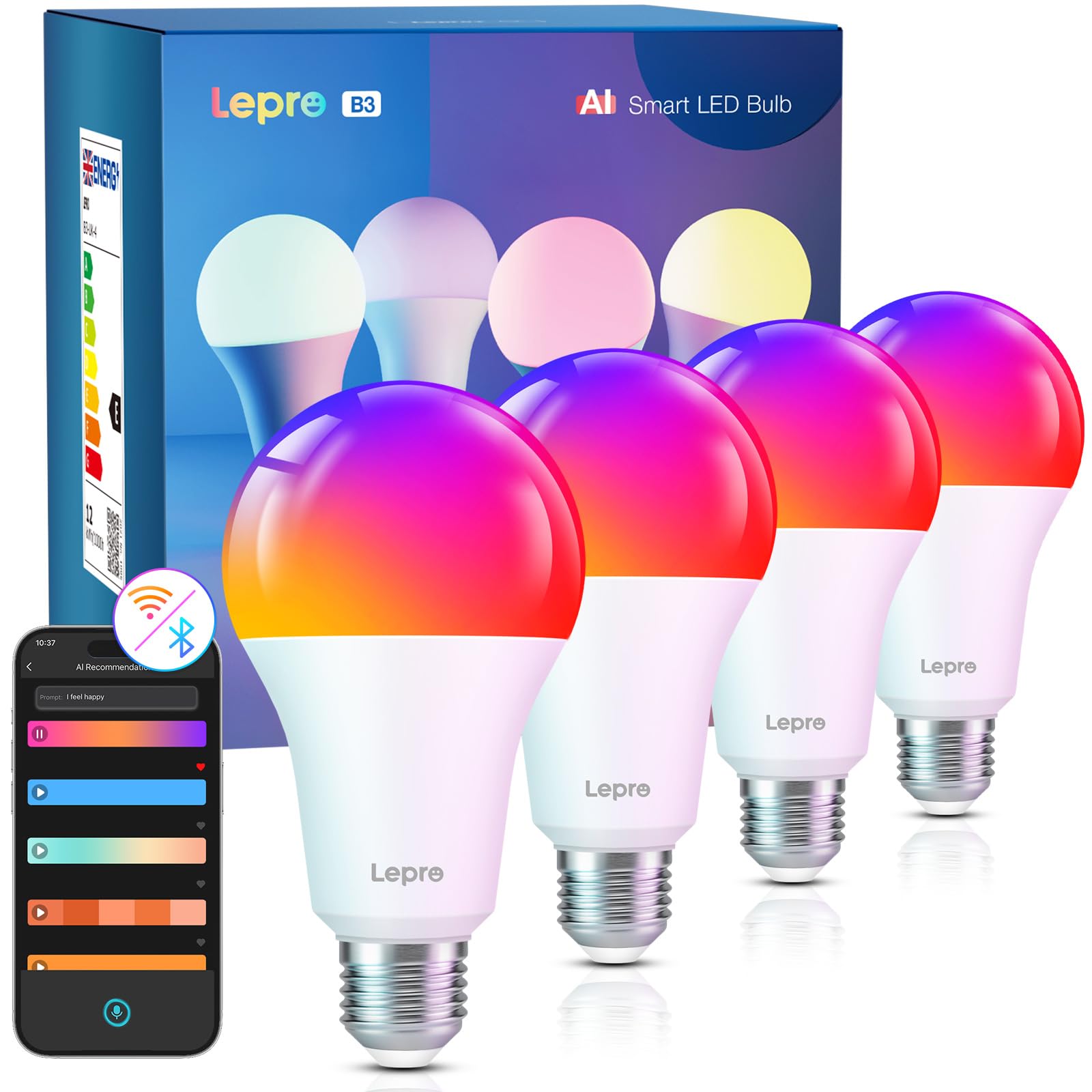 Lepro B3 AI Bombilla Inteligente Alexa, LED E27 12W RGB Regulable Bombillas, Wi-Fi Control de Voz y Sync de Música, Diseñador de Iluminación AI Personalizado, Funciona con Alexa, Google Home, 4Pcs