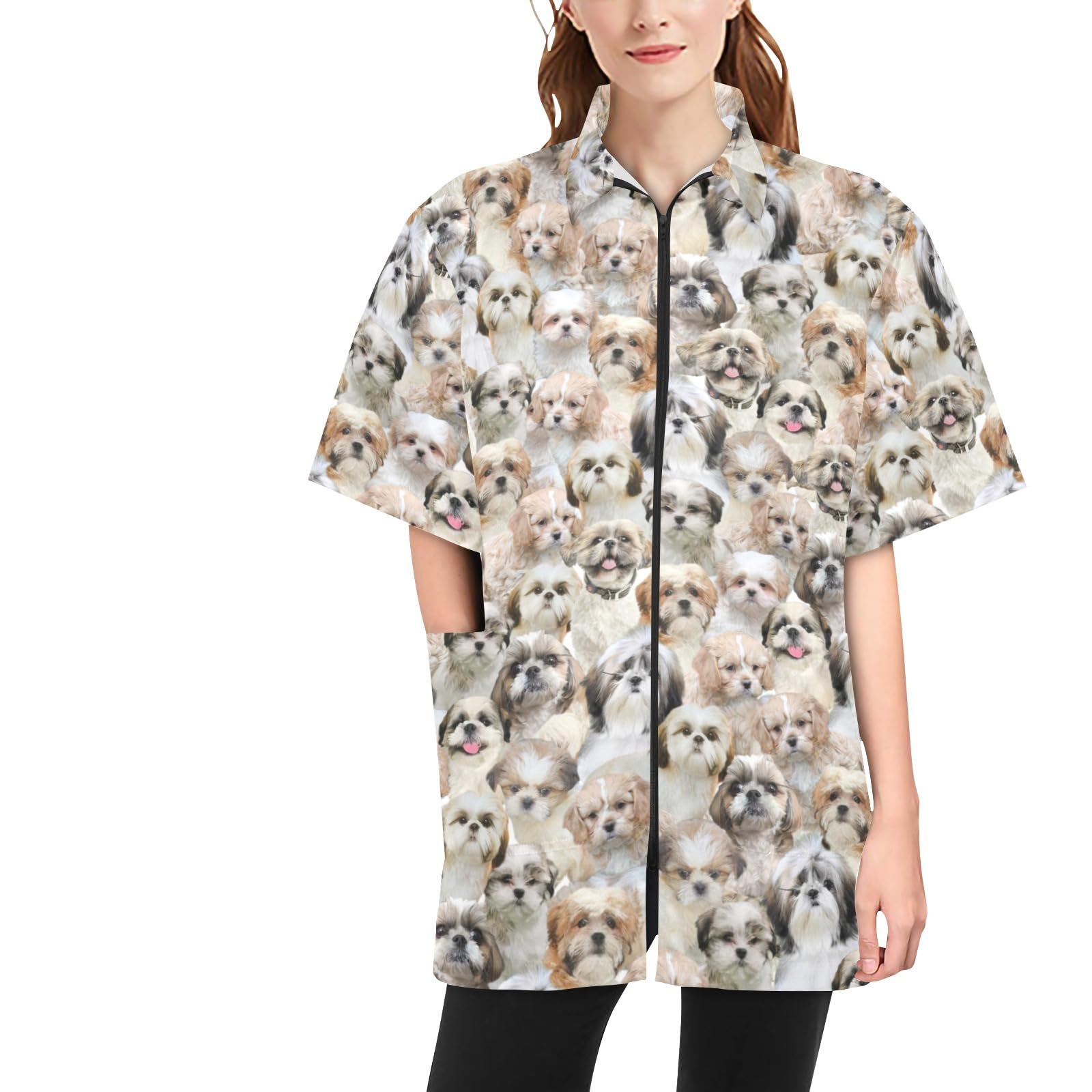 COWCUTE Shih Tzu Dog Lover Gifts, Shih Tzu Print Dog Grooming Jackets, Waterproof Smock Jacket for Pet Groomers Barbers