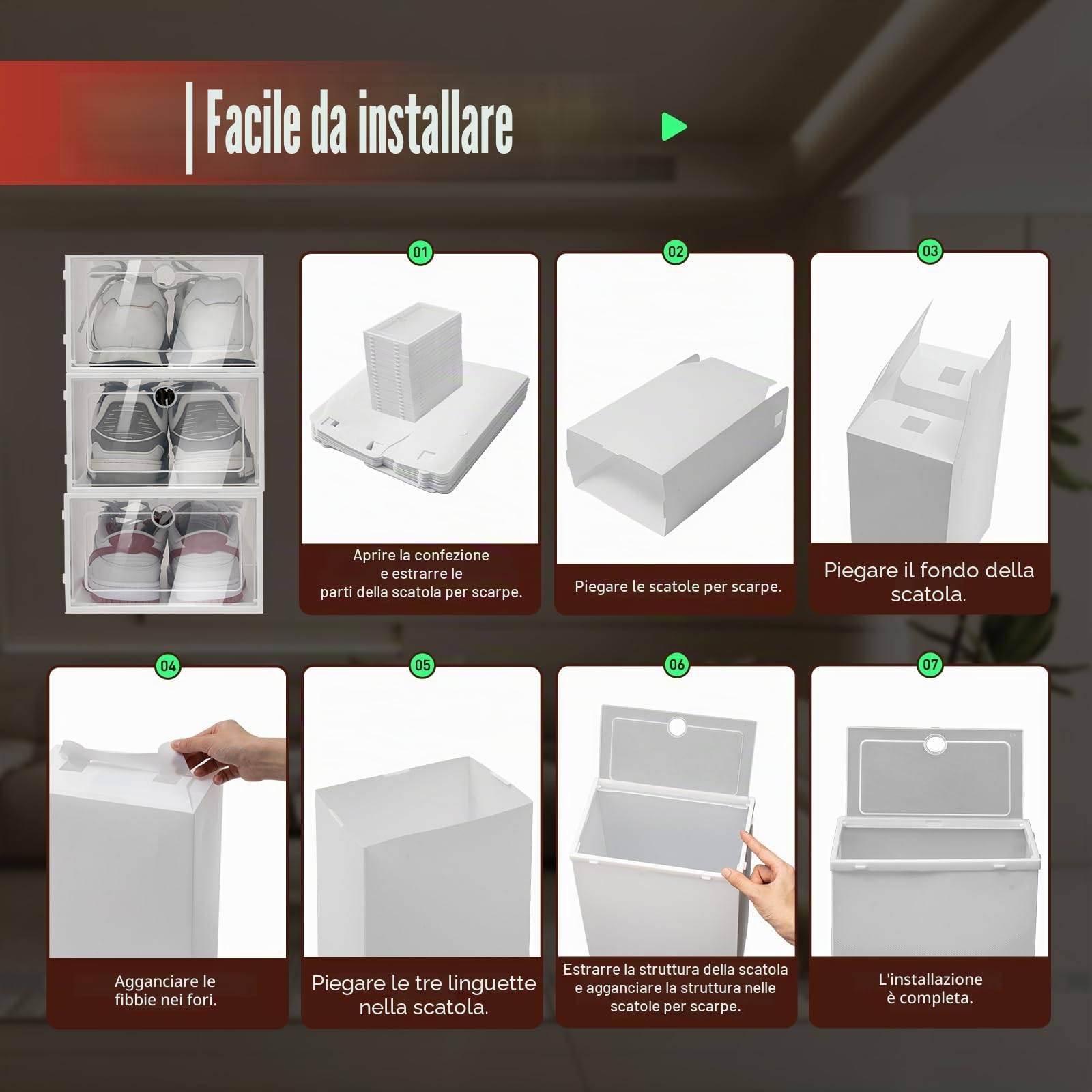 24 scatole trasparenti impilabili per scarpe, in plastica, pieghevoli, con porta trasparente, 33 x 23 x 14 cm (24)