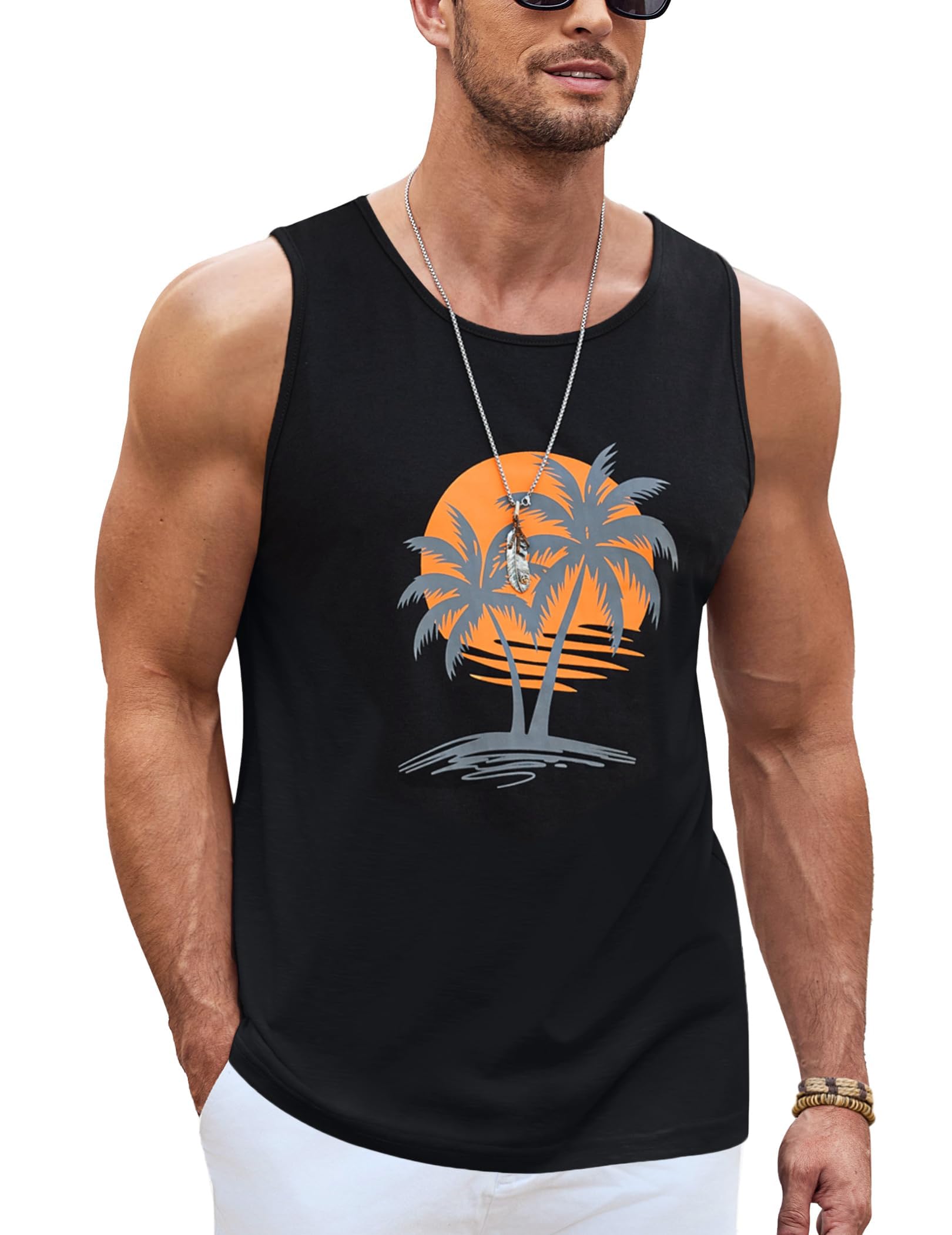 Terecey Camiseta Tirantes Hombre Verano con Estampado Playa Palm Beach Hawái Basic Tank Top Camisetas Playa sin Mangas Hombre para Correr Entrenamiento Gym