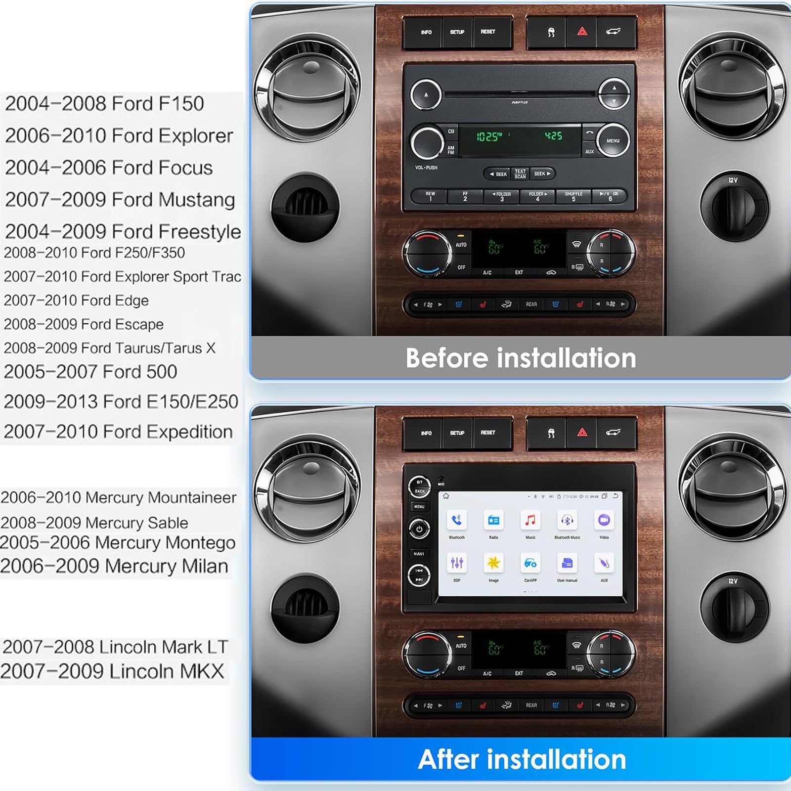 Radio Samochodowe Do Ford F150/F250/F350 2004-2014 Podwójny DIN CarPlay 7-calowy Ekran Dotykowy IPS Bezprzewodowy CarPlay Android Auto Obsługa Bluetooth/GPS/WiFi/kamery Cofania(Color:M400)