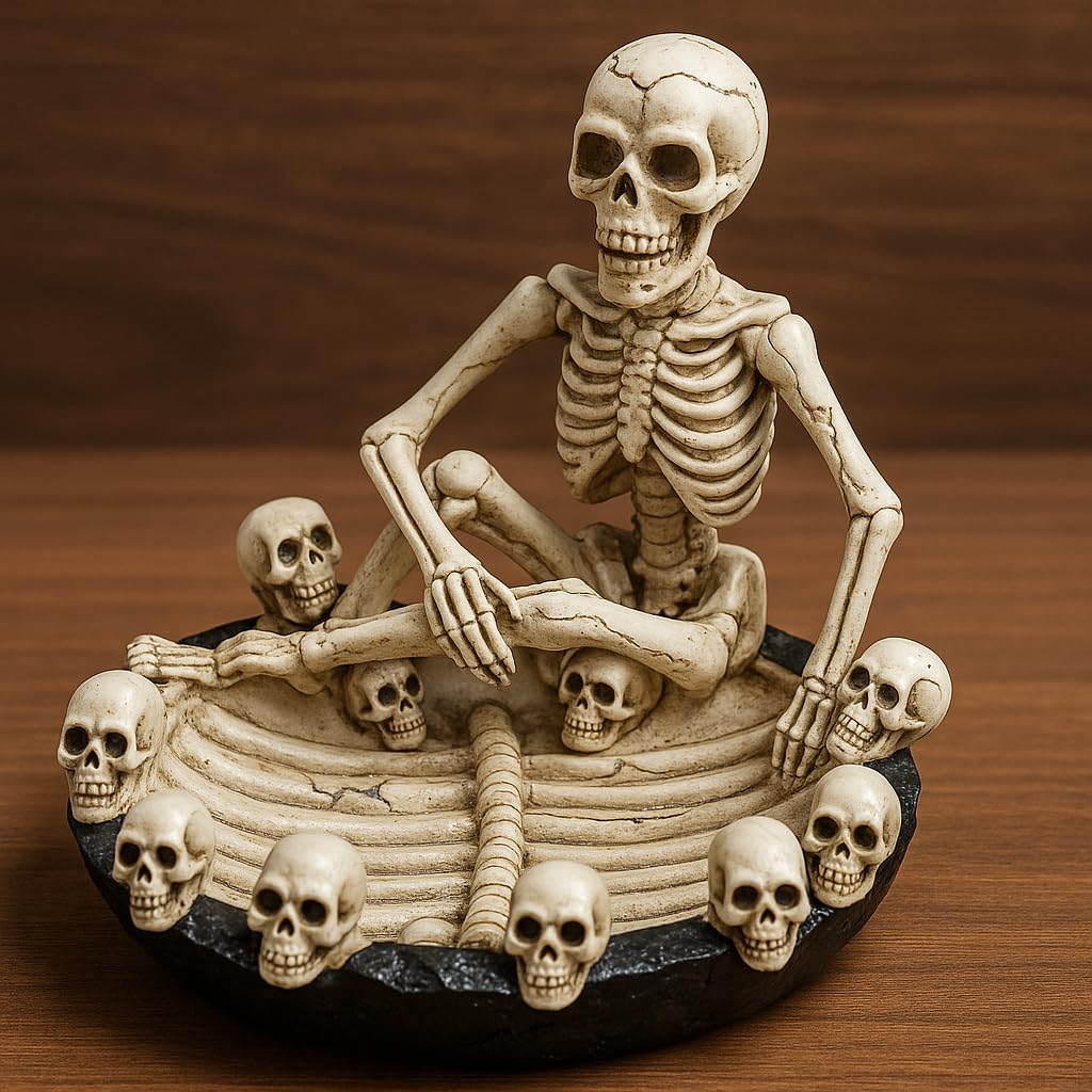 Jrose Collections White Skeleton Figurine Gothic Ornament – Resin Skull Ashtray Style Bowl With Seated Skeleton, Macabre Halloween Decoration, Spooky Tabletop Centrepiece For Gothic & Horror Décor Jr1459
