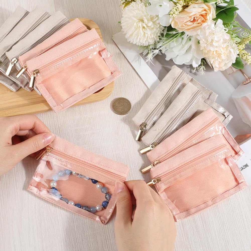 12PCS Mini PU Leather Jewelry Bag Bulk with Clear Velvet 2 Colors Portable Polyester Jewelry Travel Organizer Case Zipper Pouch Pocket for Women Rings Bracelets Earrings Necklaces