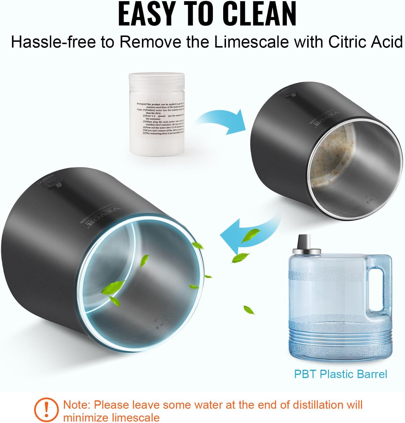 Illustration demonstrating how to clean the VEVOR water distiller using citric acid to remove limescale from the stainless steel interior.