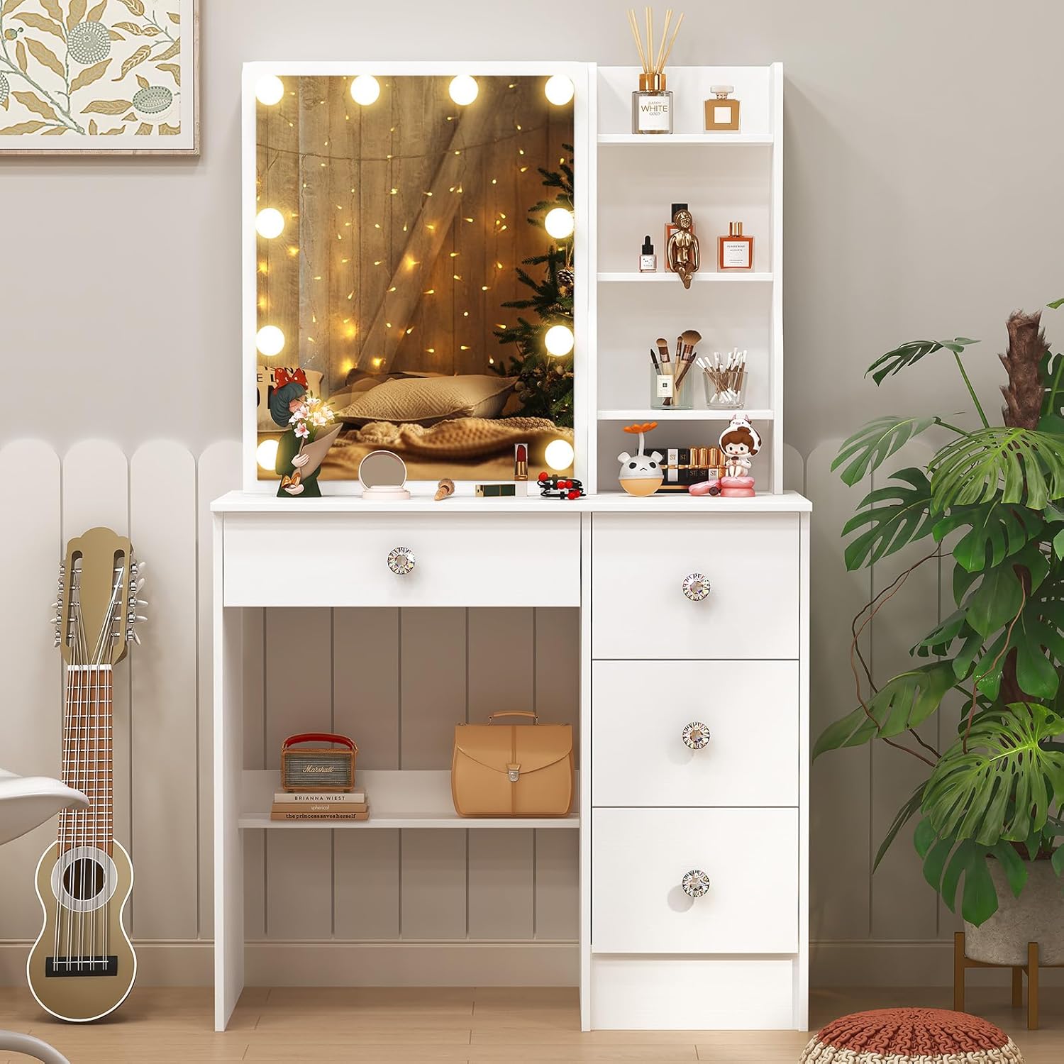 Makeup Vanity Desk with Sliding Mirror and Lights, Vanity Table with Storage Shelves & 4 Drawers, Girls Vanities Make Up Desk with Lighted Mirror, White Dressing Table, Crystal Knobs
