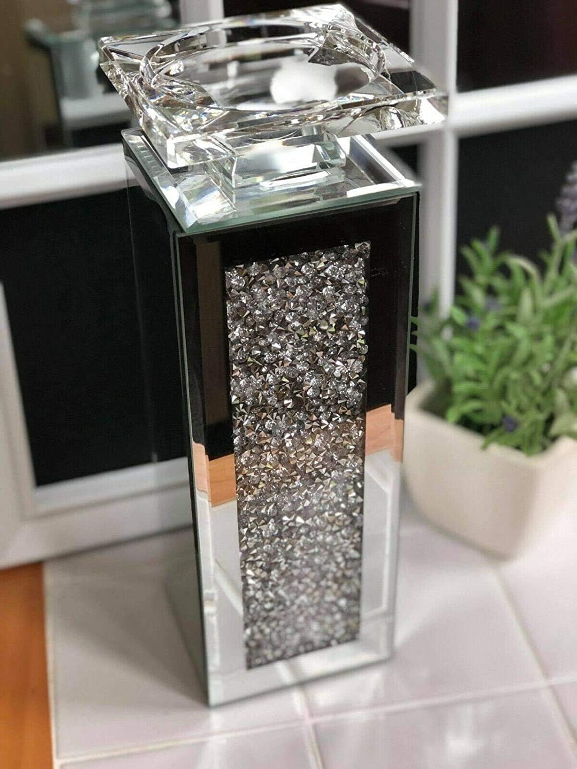 Segoy Silver Crystal Mirrored Candle Holder Tall 30Cm Taper/Pillar, Tealight Holder Elegant Mirrored Glass Home Décor Wedding Centerpiece Sparkling Diamante Crystal Ornament