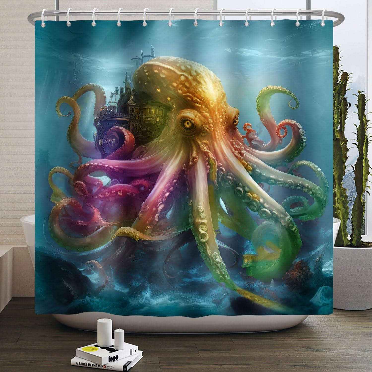 SDOTPMT 152x183cm Octopus Shower Curtain Colourful Octopus Tentacles Ancient Castle Ocean Vintage Marine Wildlife Sea Monsters Coastal Nautical for Bathroom Decor Fabric Polyester with Hooks — image 1