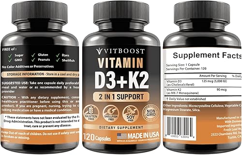 Miniatura 2 de Complejo de vitamina D3 K2  Fácil de tragar  Vitamina D (D3) 5000 UI (125 mcg) y K2 (MK-7) 90 mcg  Sin OMG  Sin gluten  Fabricado en Estados Unidos
