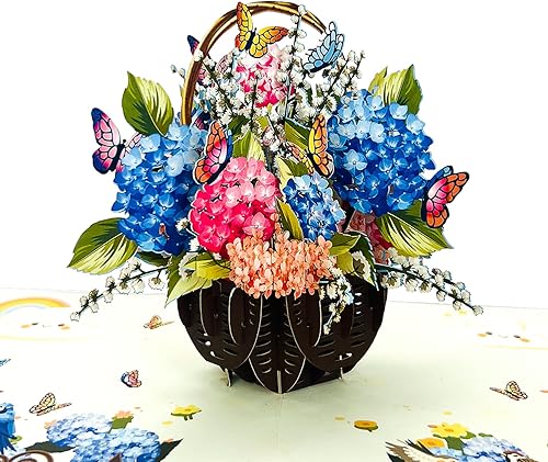 Tarjeta desplegable de cesta de hortensias - Tarjetas de felicitación de agradecimiento, cumpleaños, pensando en ti, recuperarte, día de San